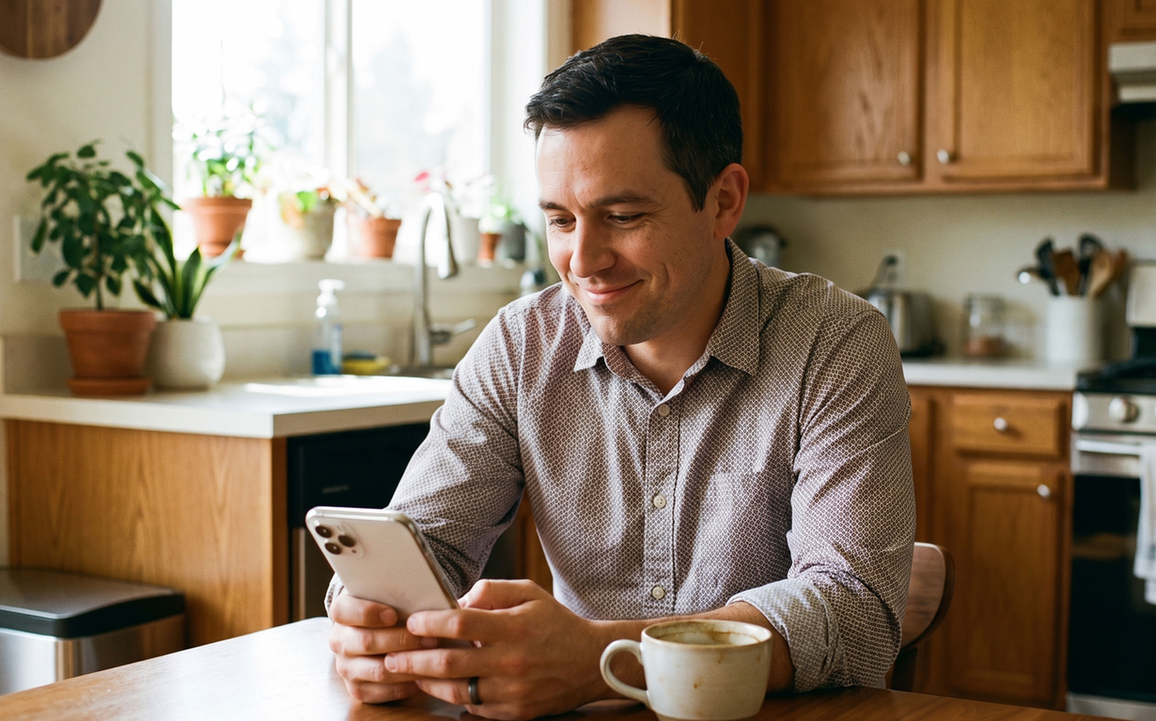 man checking his phone in the kitchen