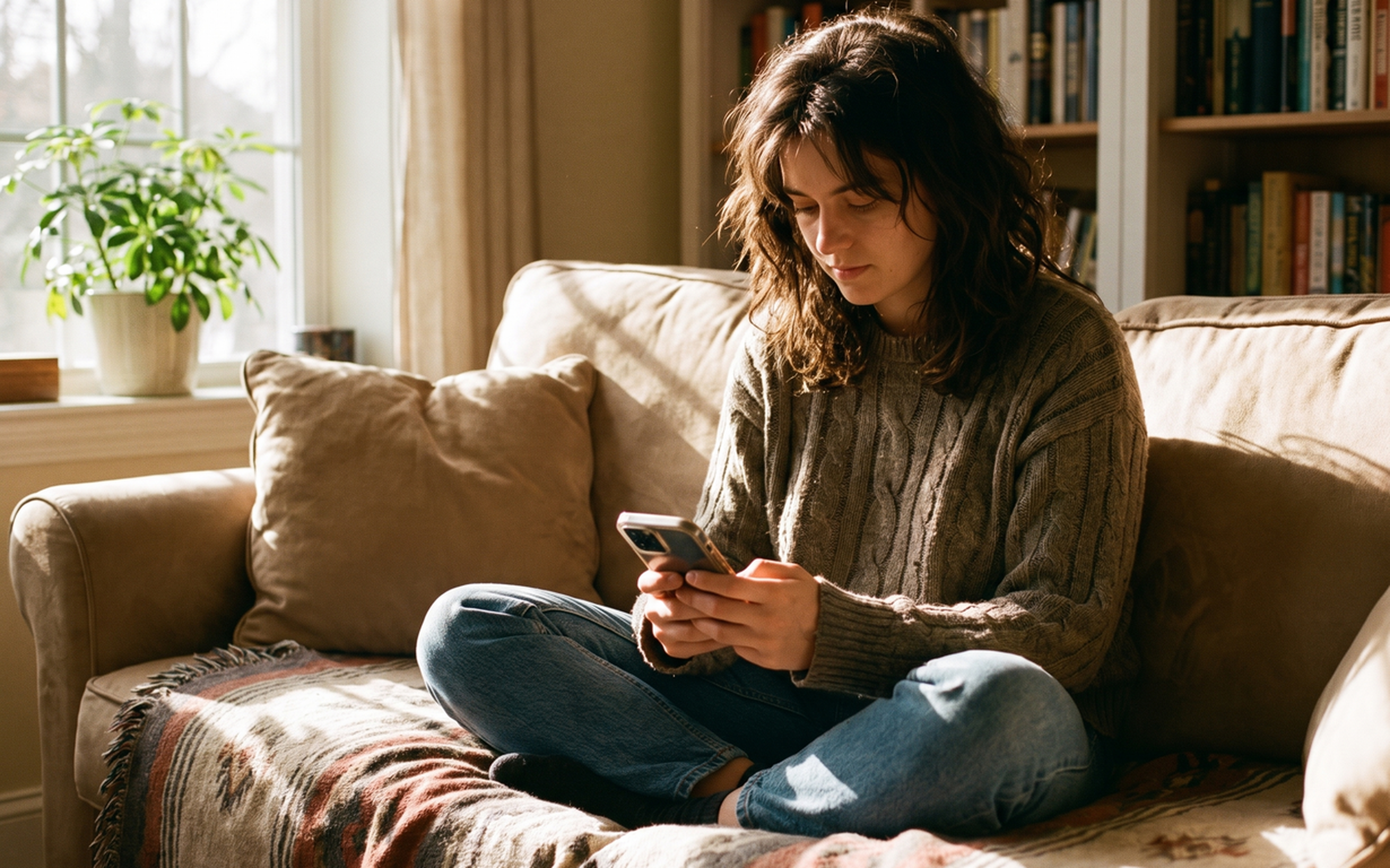 Woman sitting on a beige couch looking at her phone in a sunlit living room with bookshelves.