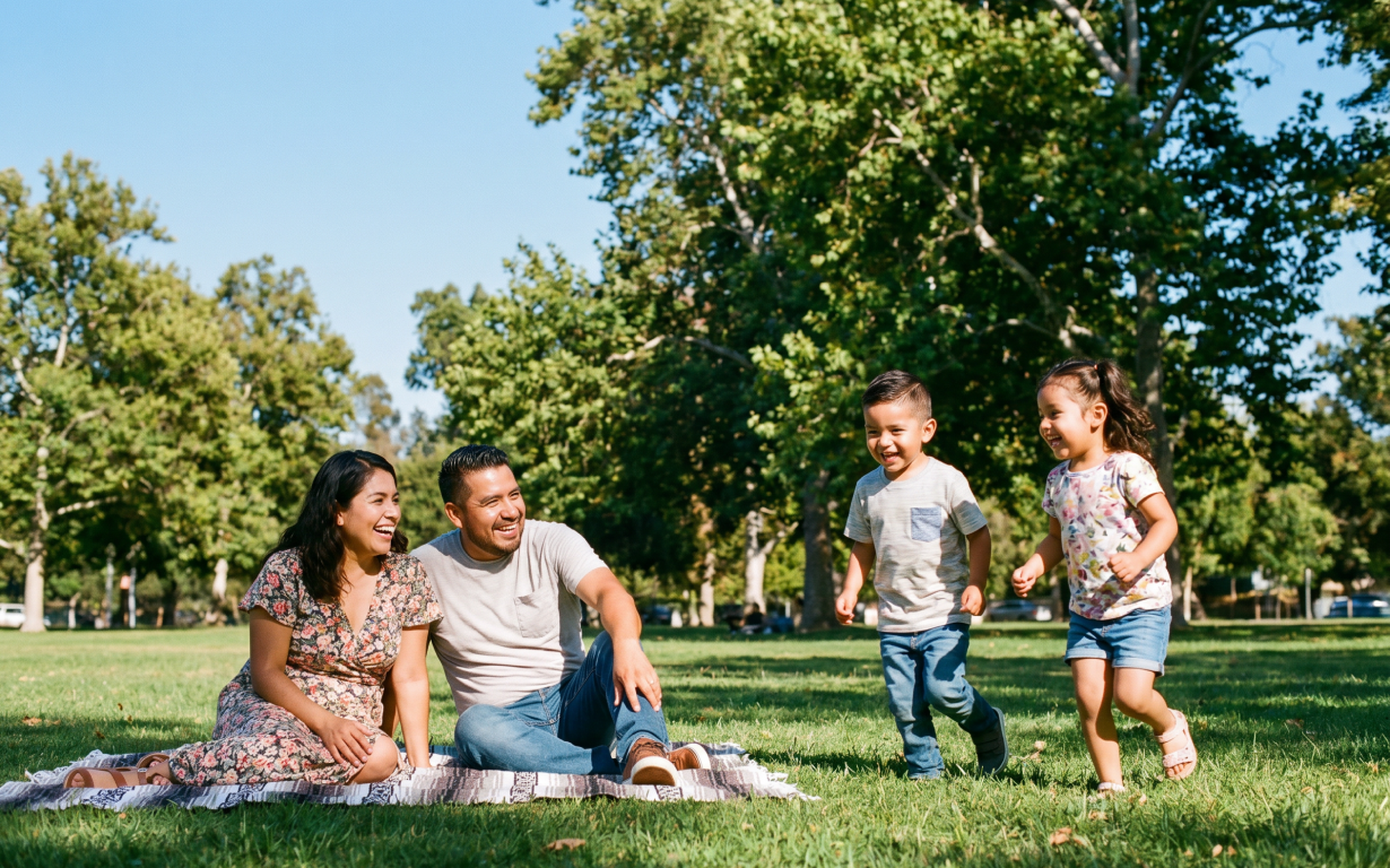 Famille de quatre personnes jouant ensemble sur l'herbe dans un parc ensoleillé avec de grands arbres.