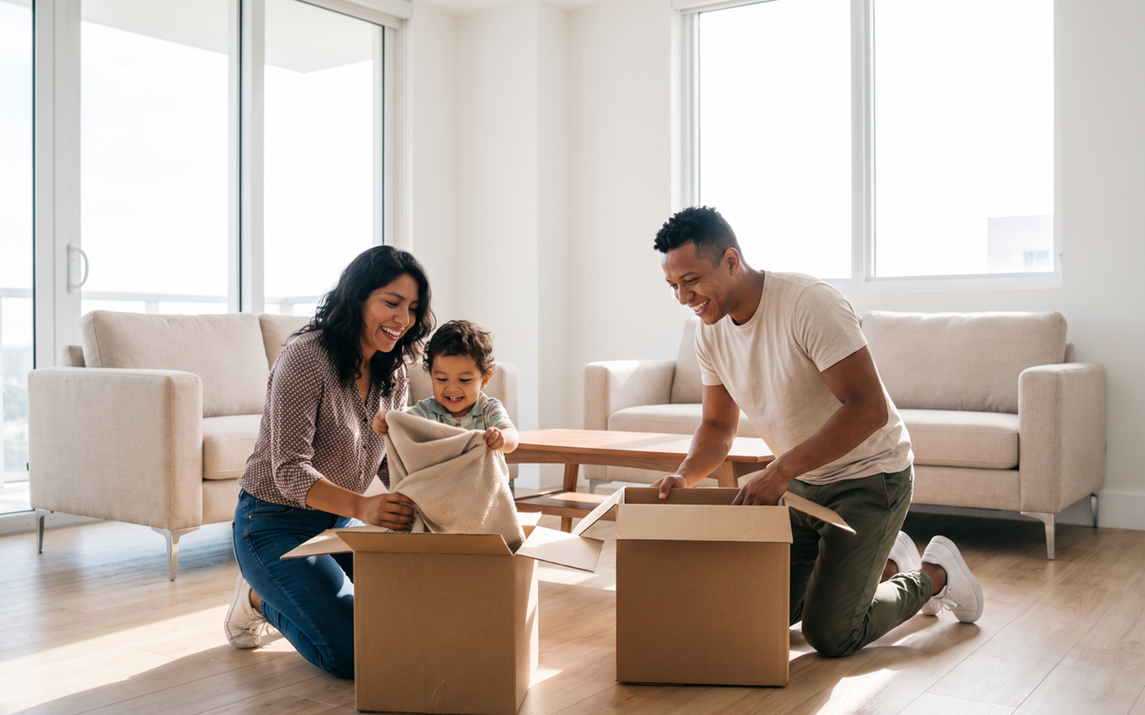 Family of three unpacking cardboard boxes in a bright, modern apartment with beige sofas and large windows.