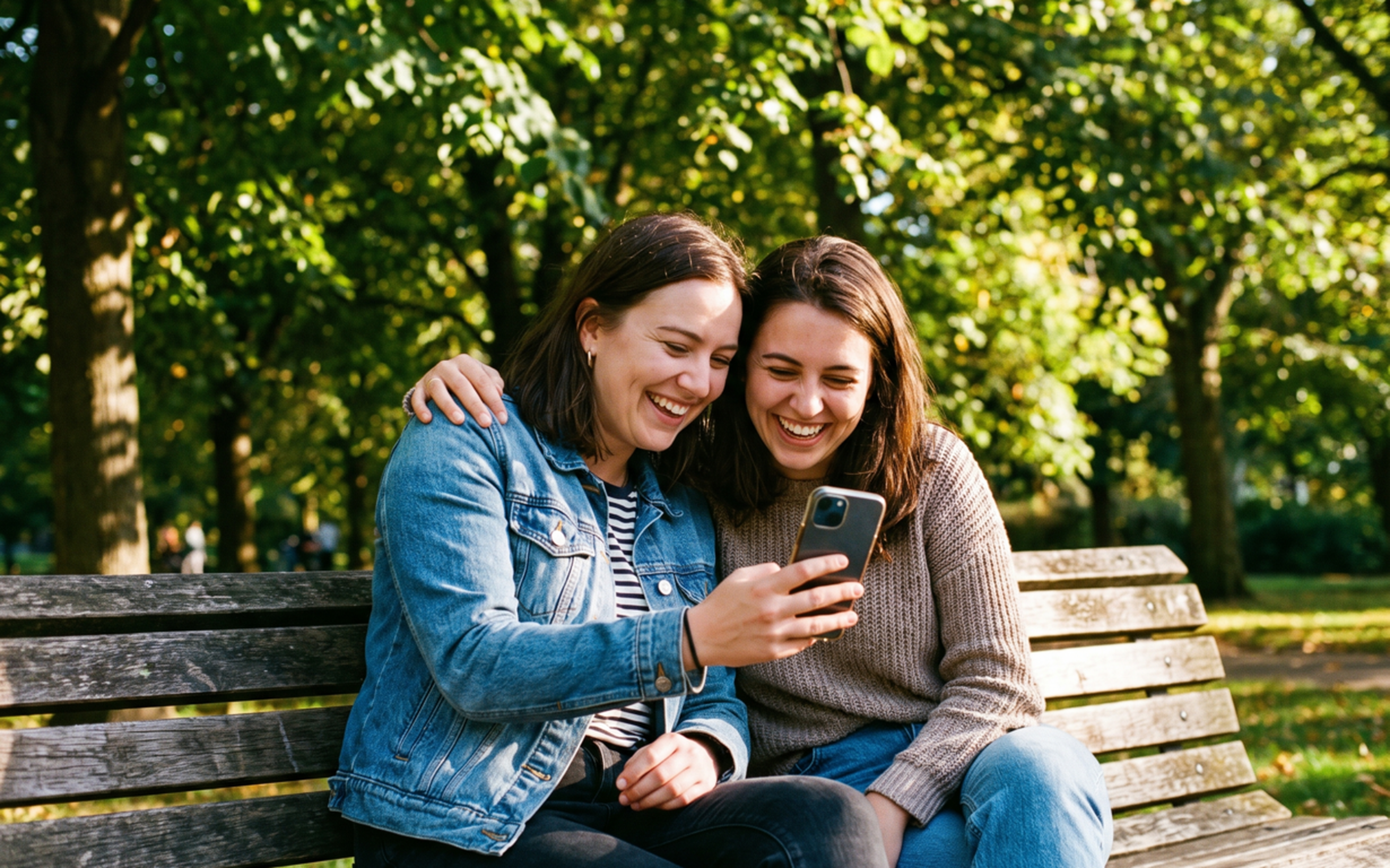Two women sitting on a park bench looking at a smartphone together, trees in background.