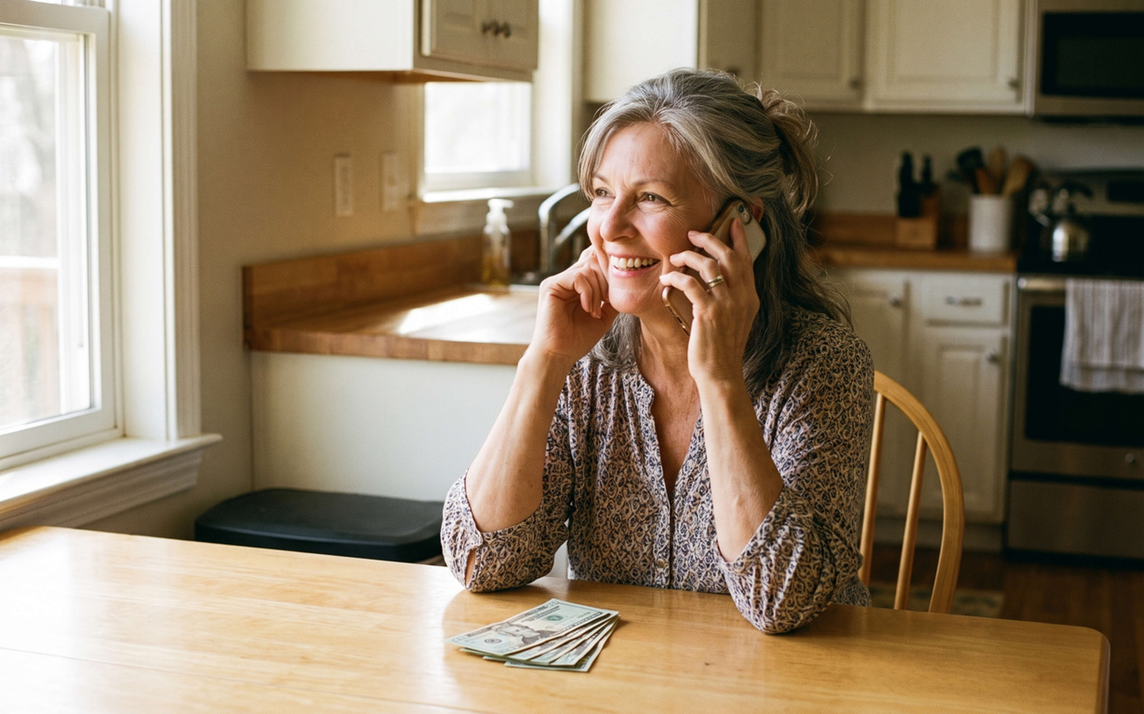 woman talking in the phone with cash in her table