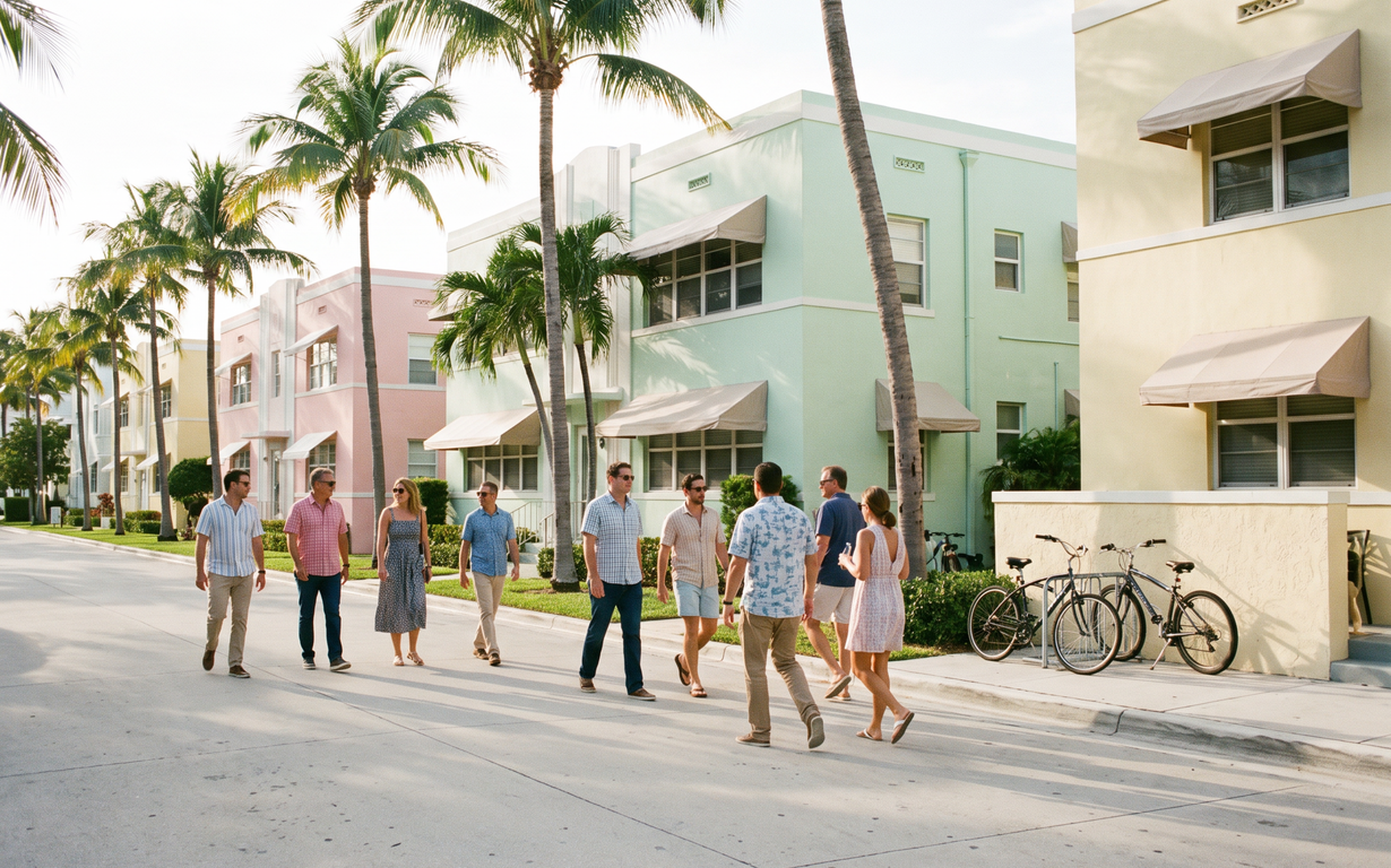 Group of people walking together on a sunny Miami street lined with pastel-colored buildings and palm trees.