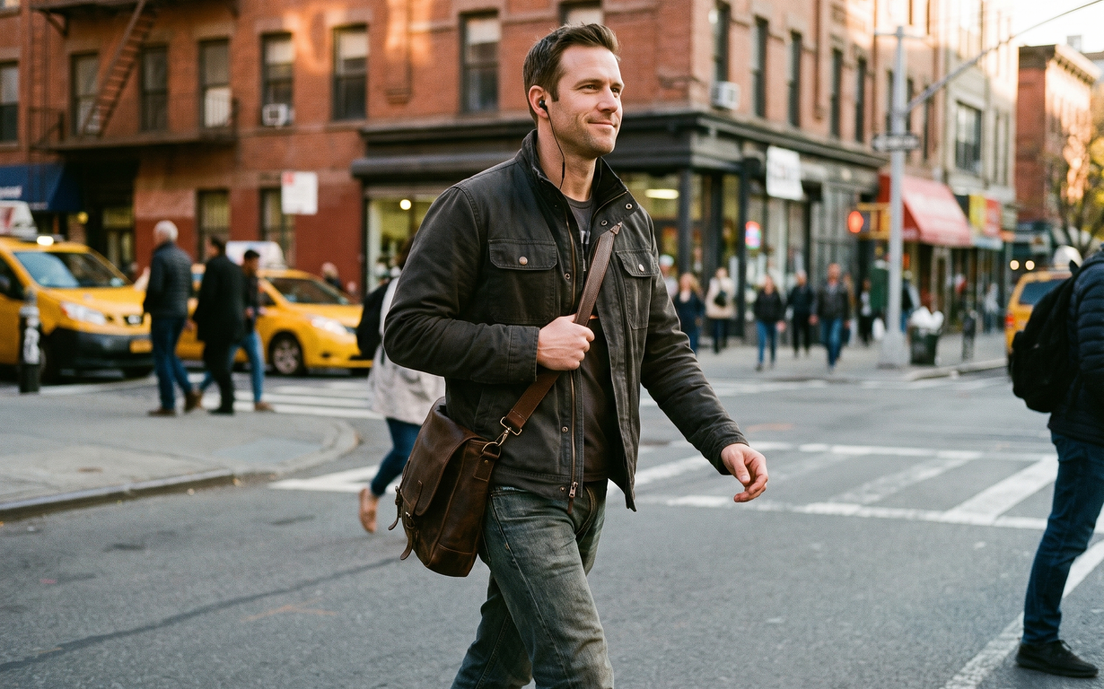 Man in black jacket and brown shoulder bag walking across a city street with yellow taxis and brick buildings in the background.