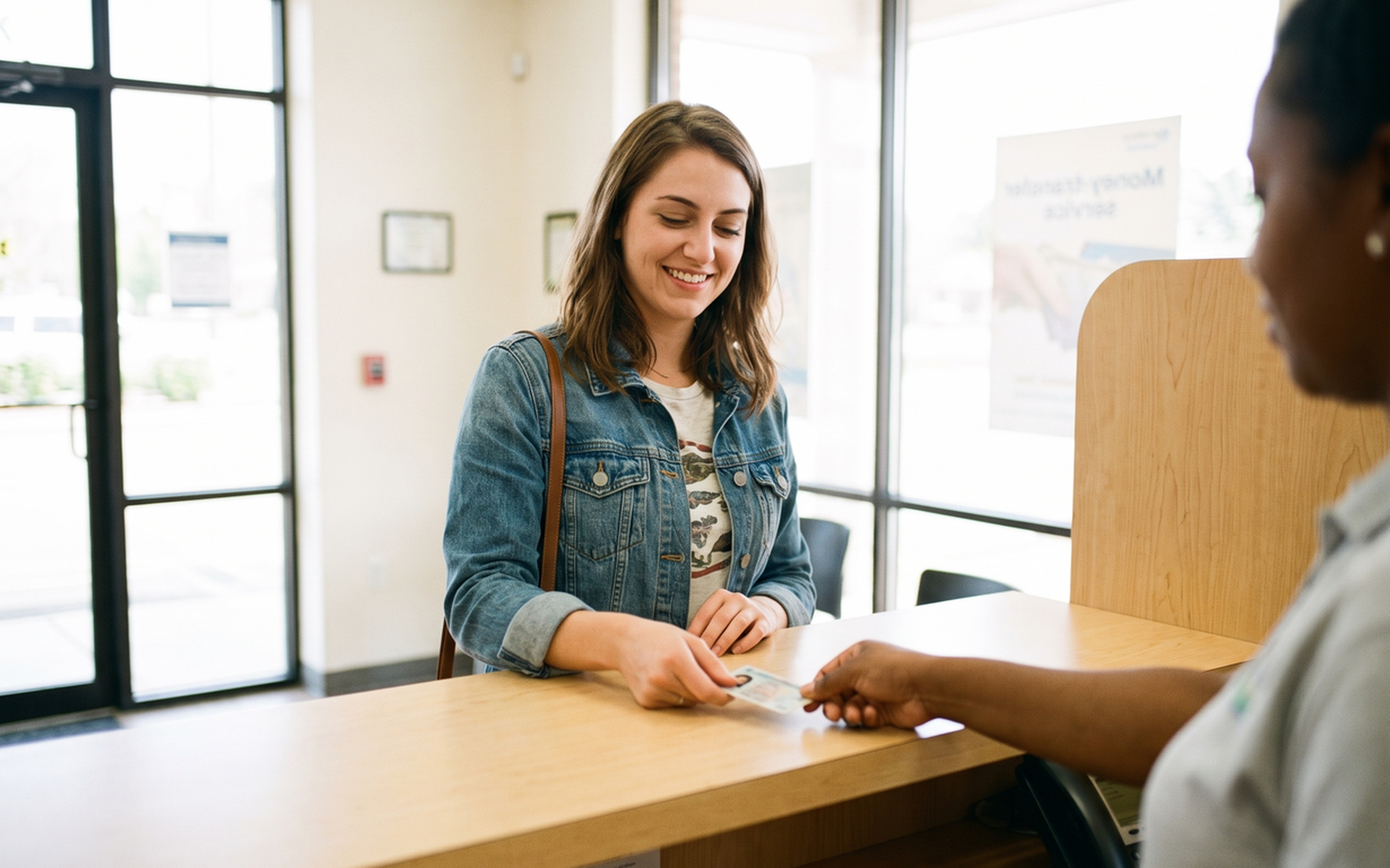 woman showing her ID to a bank teller