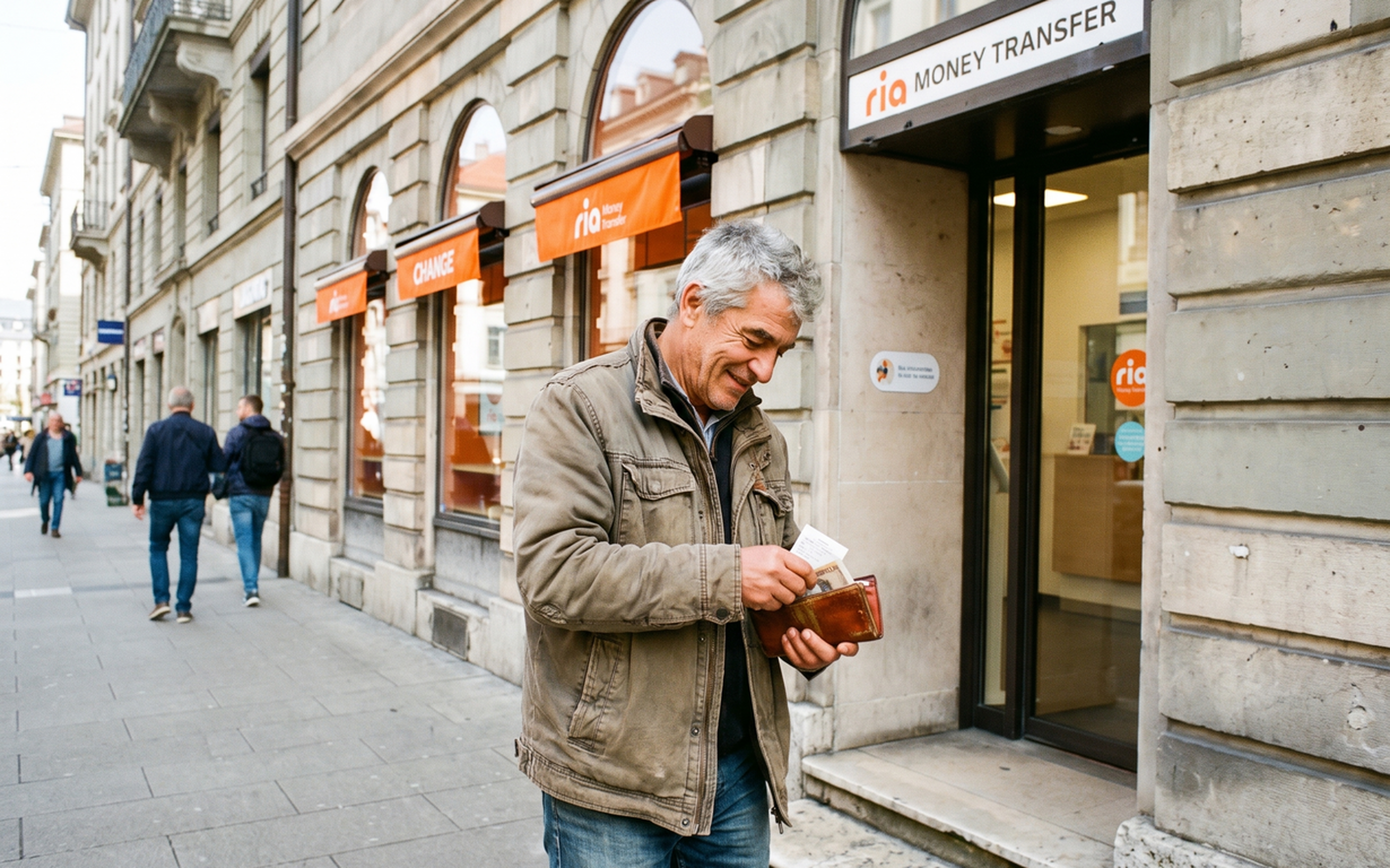 Man in beige jacket holding cash outside a Ria Money Transfer storefront on a European street.