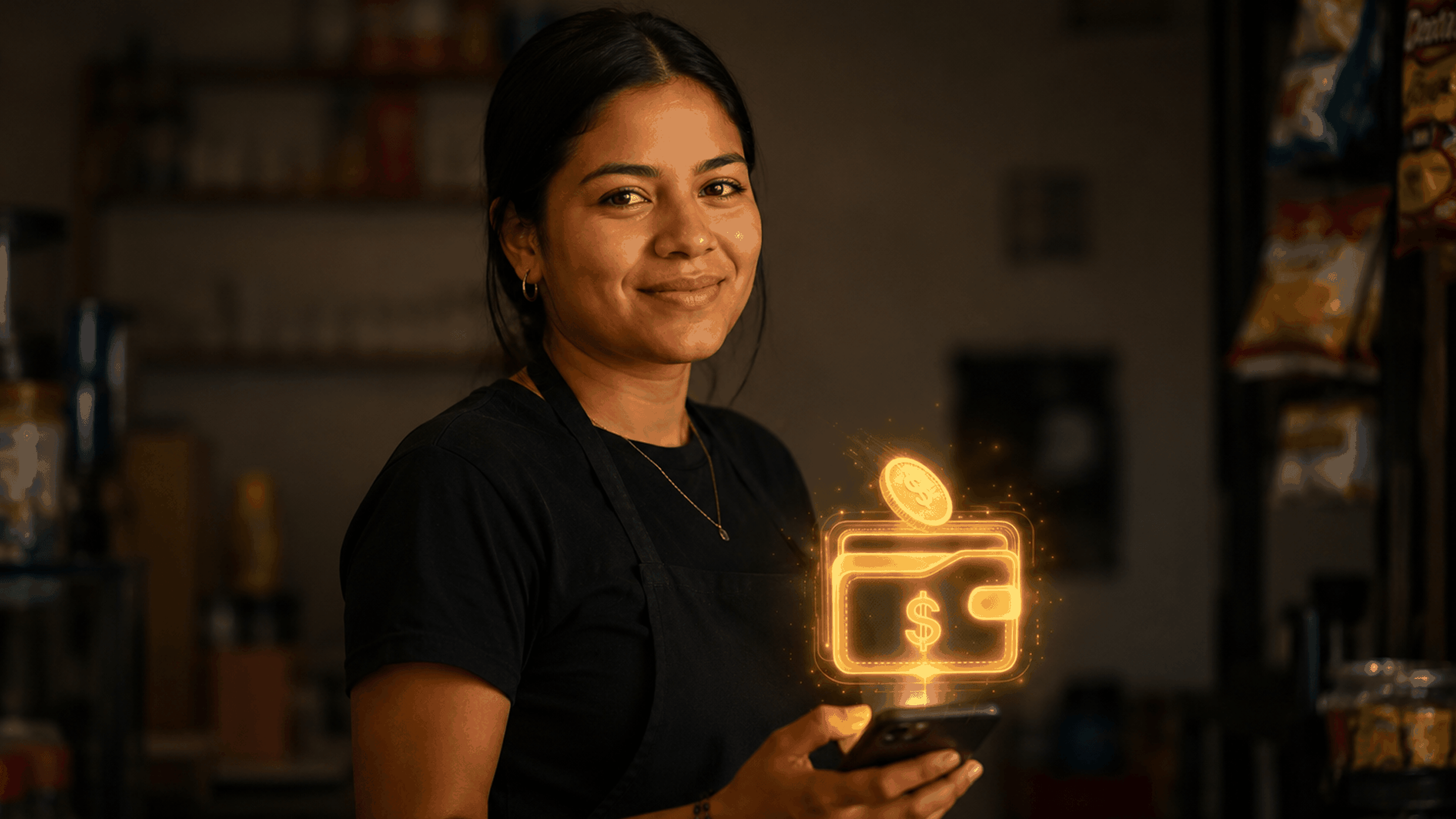 A woman in a black shirt smiles while holding a phone. A glowing digital wallet icon with a coin appears near her hand, suggesting online payments or digital transactions. Shelves with products are visible in the background.
