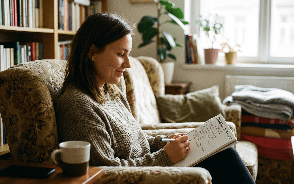 A woman sits in an armchair, smiling while writing her "Personal To-Do List." Cozy in a sweater, she plans her money sending routine, with a mug on the table beside her and bookshelves, plants, and blankets in the background.