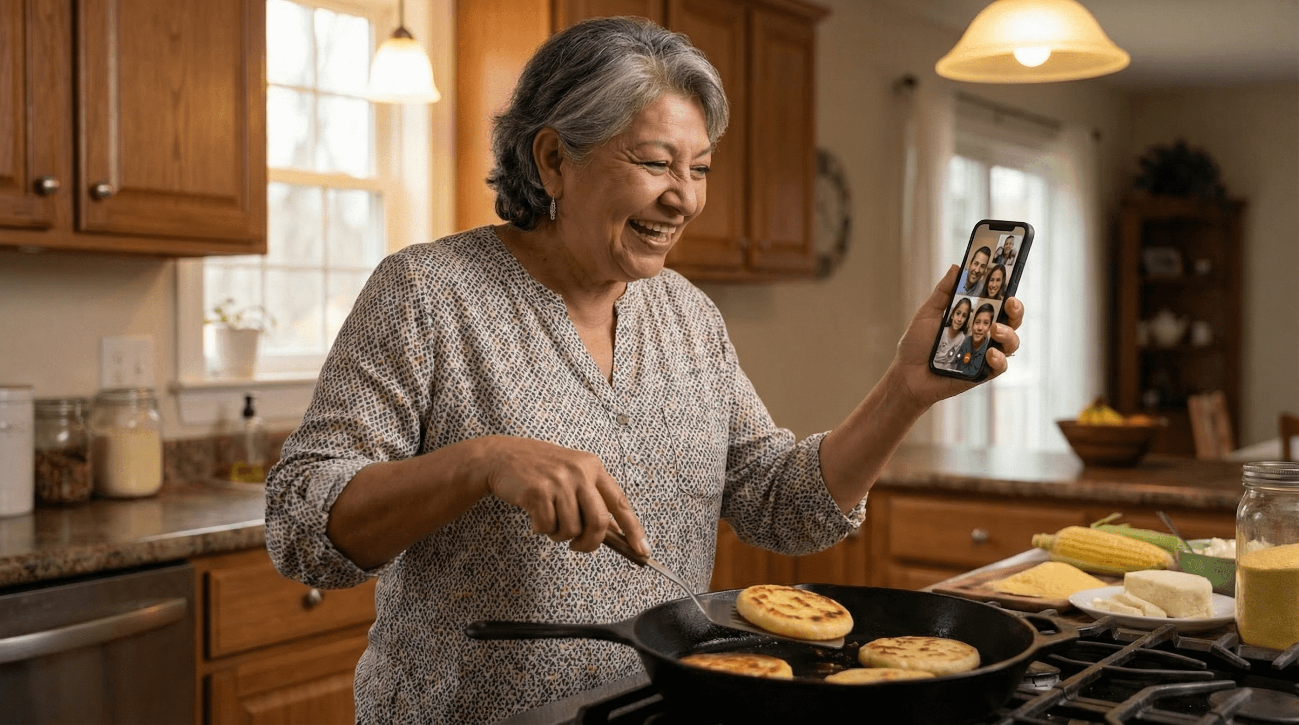 An older woman smiles while cooking arepas in a skillet, video chatting with loved ones