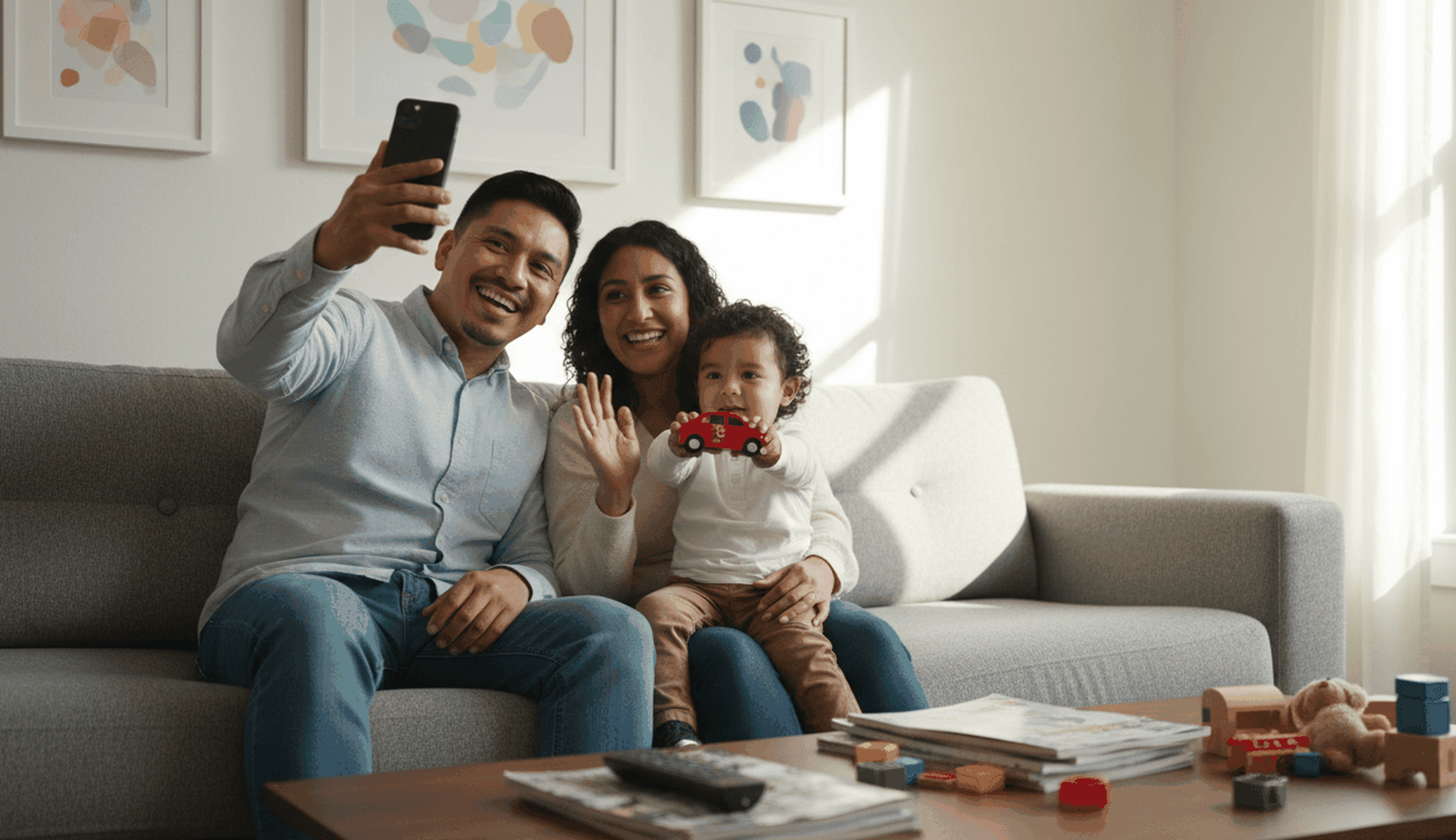 A smiling family of three sits on a couch, taking a selfie together. The child holds a toy car, and colorful toys are scattered on the table in front of them as sunlight fills their cozy living room—wondering which US states send the most money.
