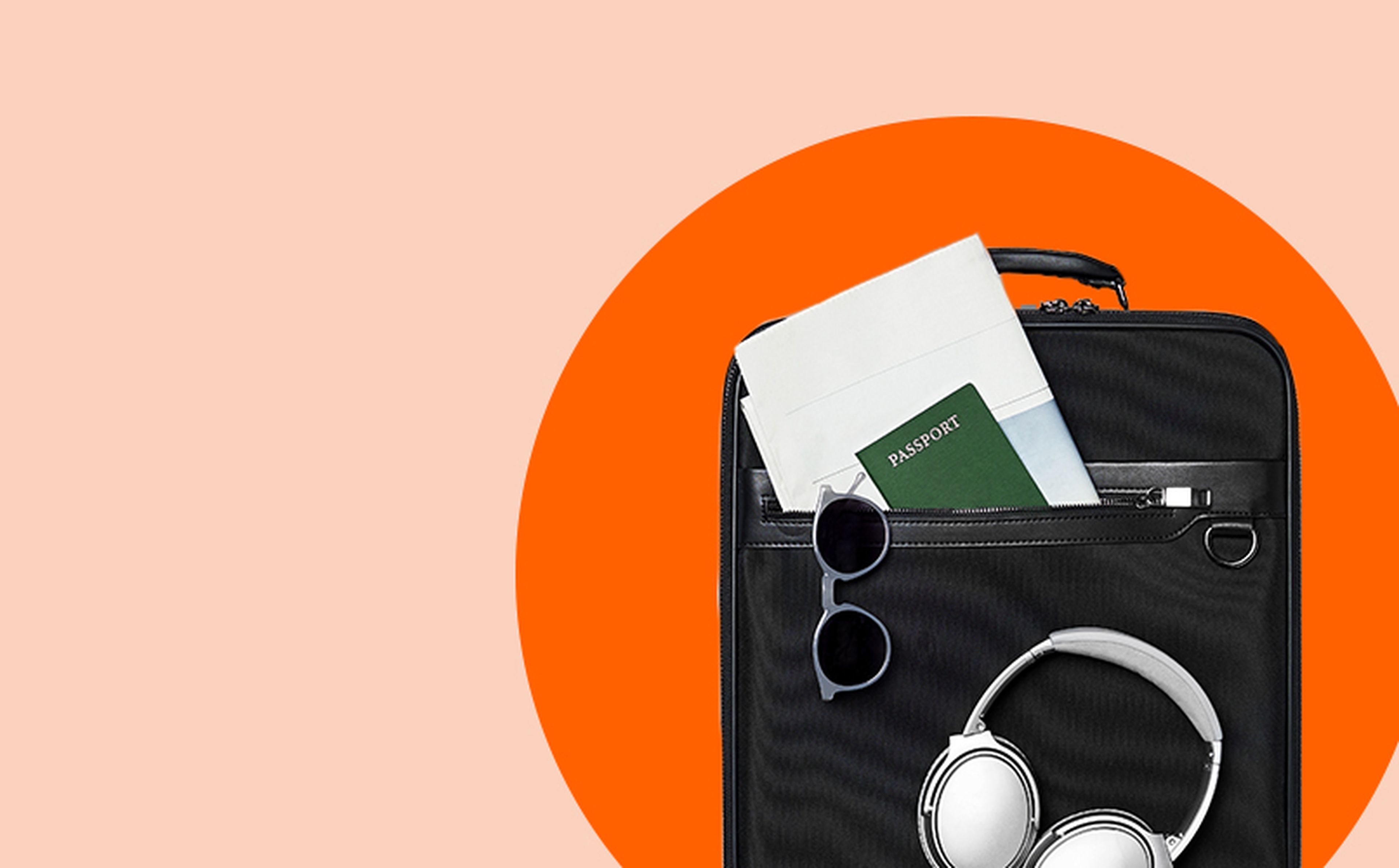 A black travel suitcase is shown with a pair of sunglasses and white headphones placed on top. A green passport and a white envelope are peeking out from the suitcase's pocket. The background features a peach and orange circular design, perfect for an expat guide cover.