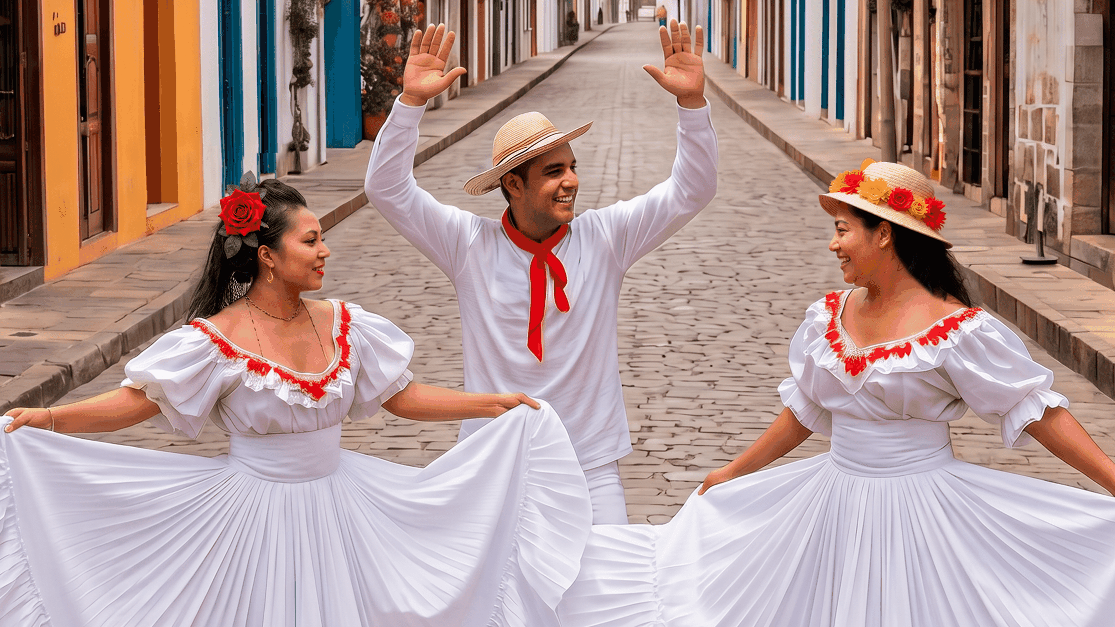 Three people in traditional white costumes dance joyfully on a cobblestone street lined with colorful buildings. The two women wear floral hats and red accents, while the man wears a straw hat and red scarf, raising his hands.