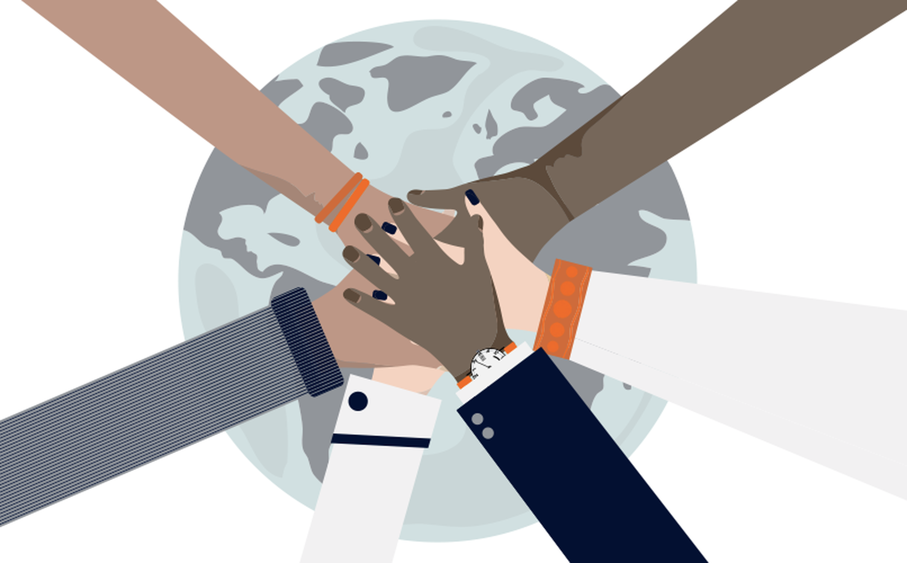 Illustration of six hands of various skin tones coming together in a central point, forming a circle over a globe of the Earth. The hands symbolize unity, diversity, and financial inclusion, demonstrating cooperation and global solidarity.