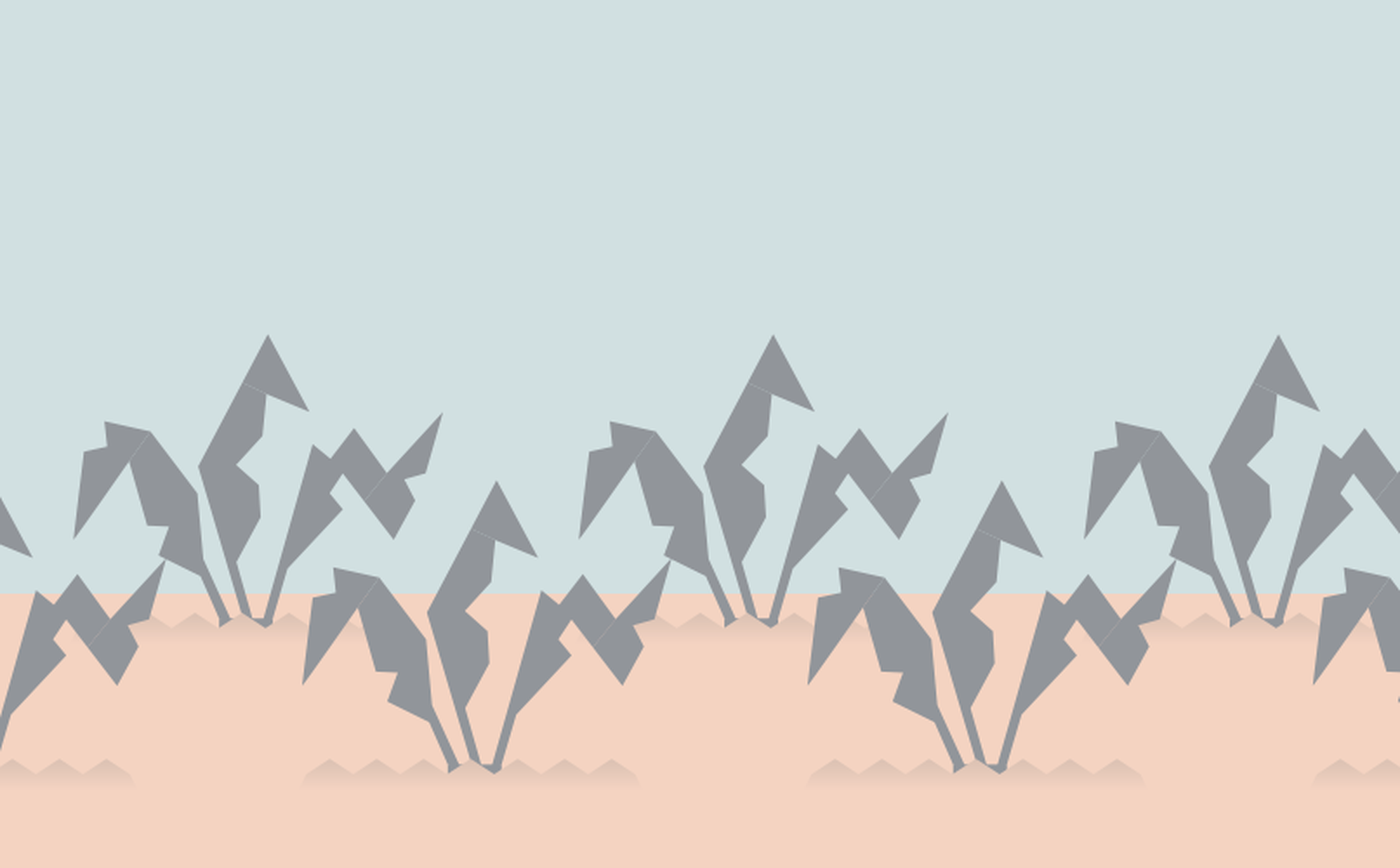 Illustration of a field with rows of abstract, angular plants against a light blue sky. The plants are gray with jagged edges and the ground is a pale beige color.