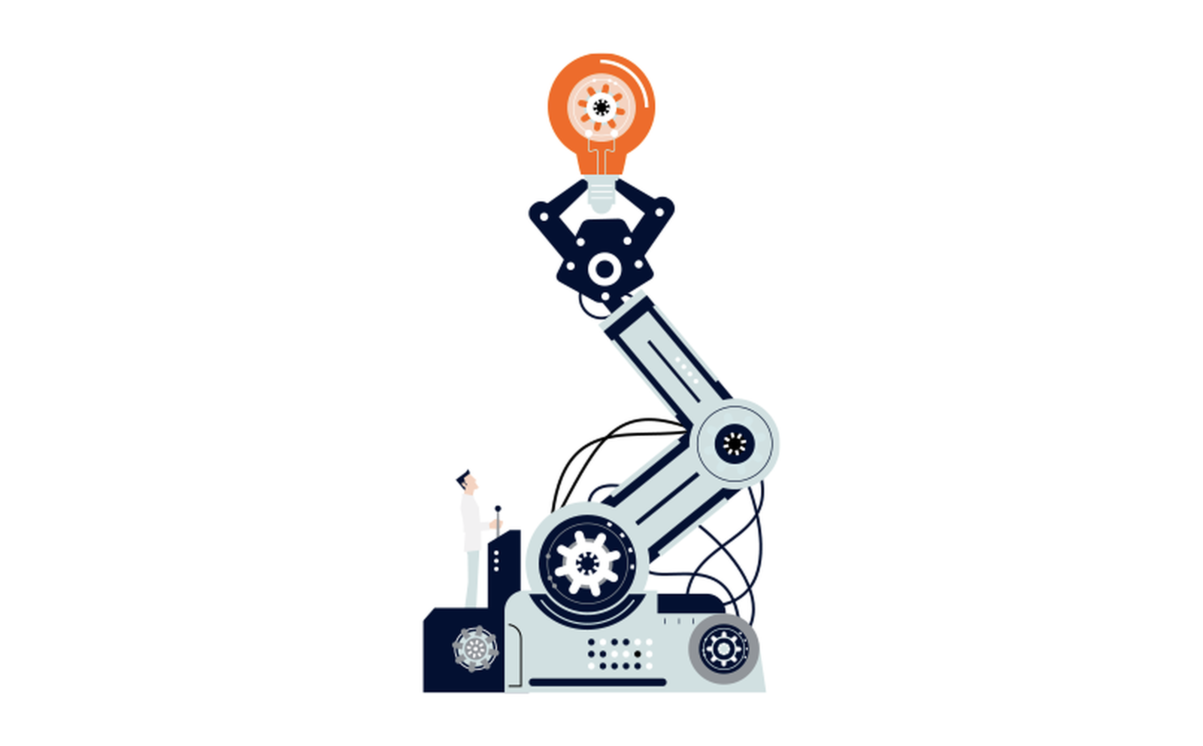 Illustration of a person in a white coat operating a large robotic arm holding an orange light bulb with a gear symbol inside. The robotic arm, adorned with visible gears and cables, depicts high-tech machinery to prepare for the fourth industrial revolution.