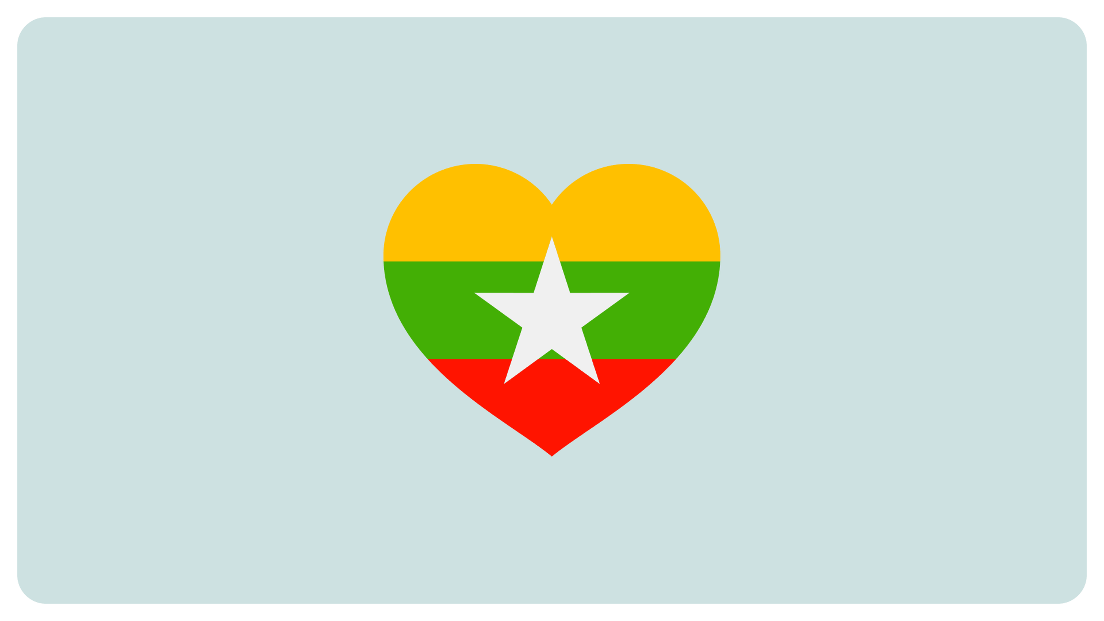 Heart-shaped design with the Myanmar flag pattern: horizontal stripes of yellow, green, and red with a white star in the center. The heart is set against a light gray background.
