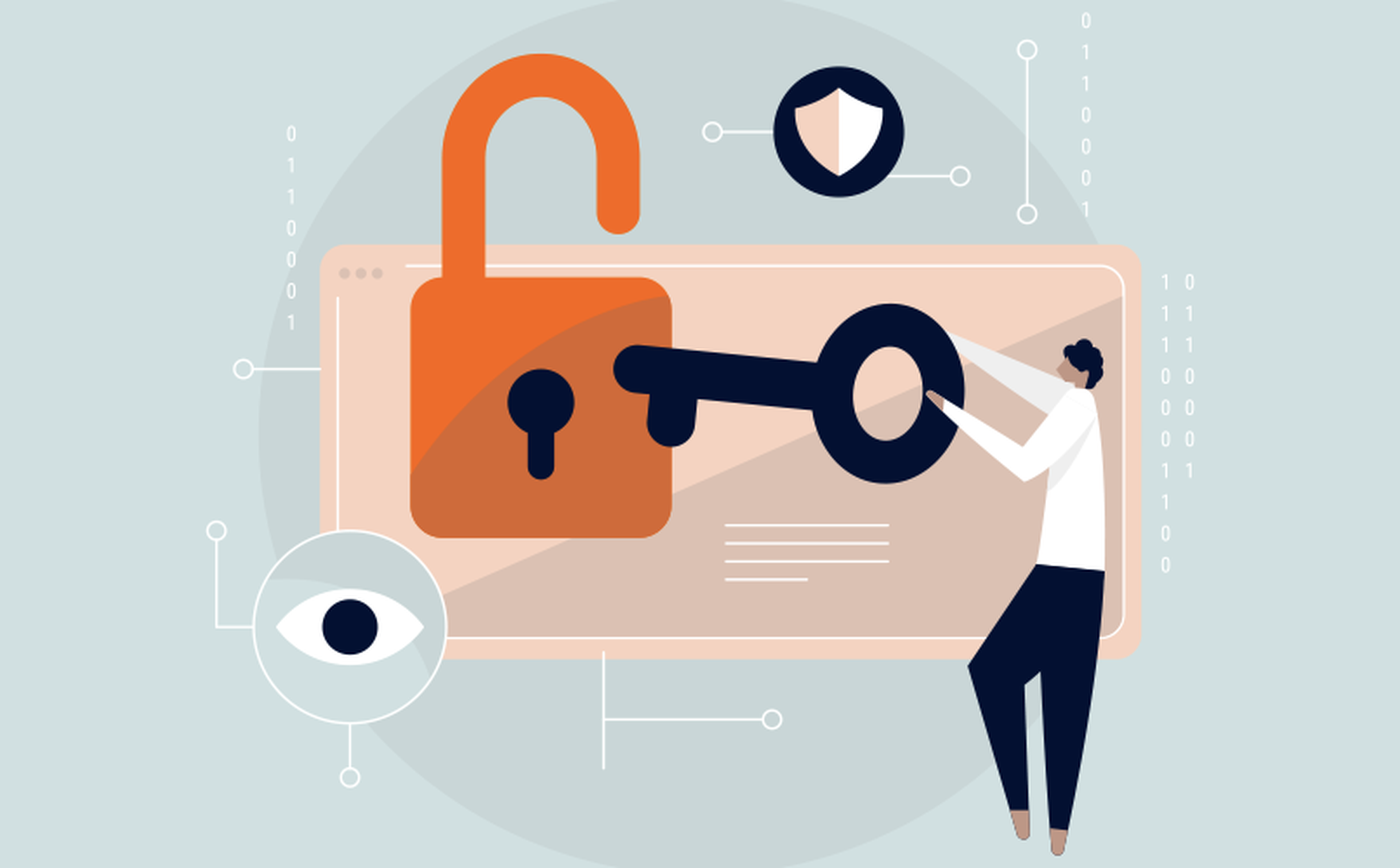 Illustration of a person holding a large key towards an oversized lock on a screen. Surrounding the screen are icons of an eye and a shield, symbolizing privacy and security. The background includes binary numbers representing digital data, highlighting the importance of cyber security awareness month.