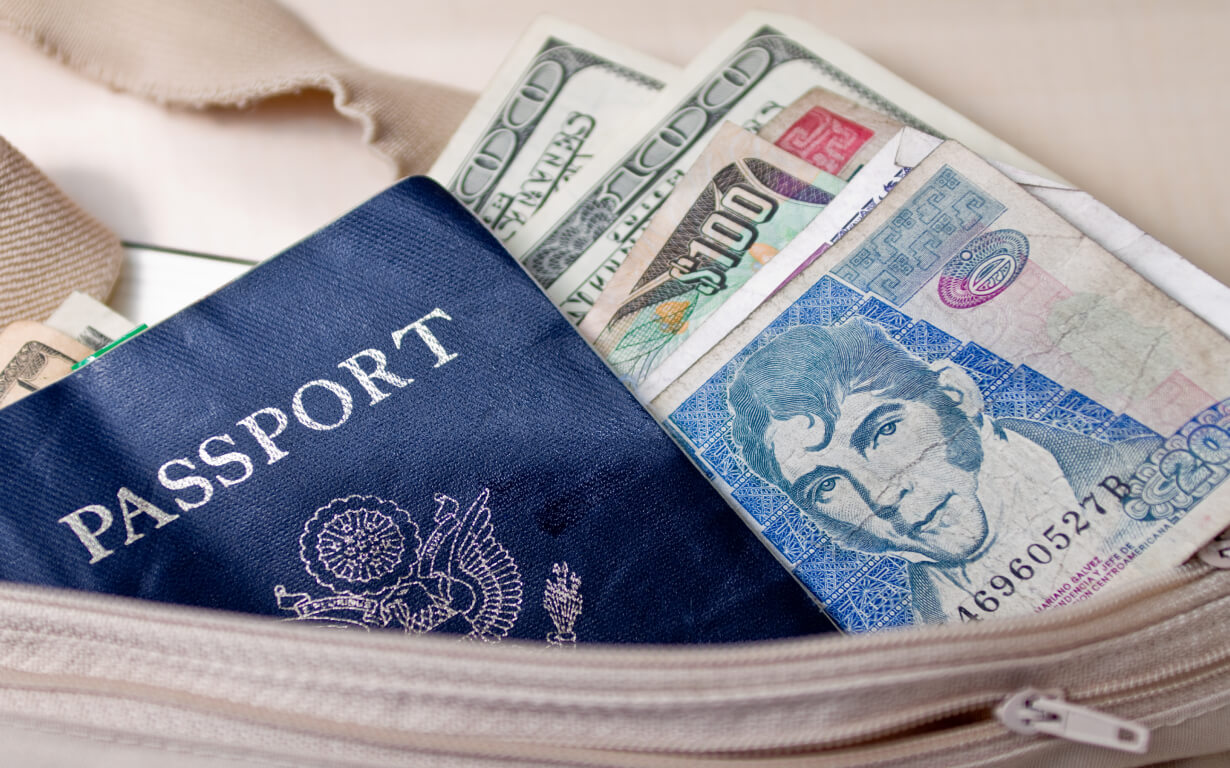 A close-up image of a partially open beige bag containing a passport with an embossed emblem and text, several US dollar bills, and a blue and white foreign banknote featuring a portrait of a man—perfect for those who frequently send remittances.