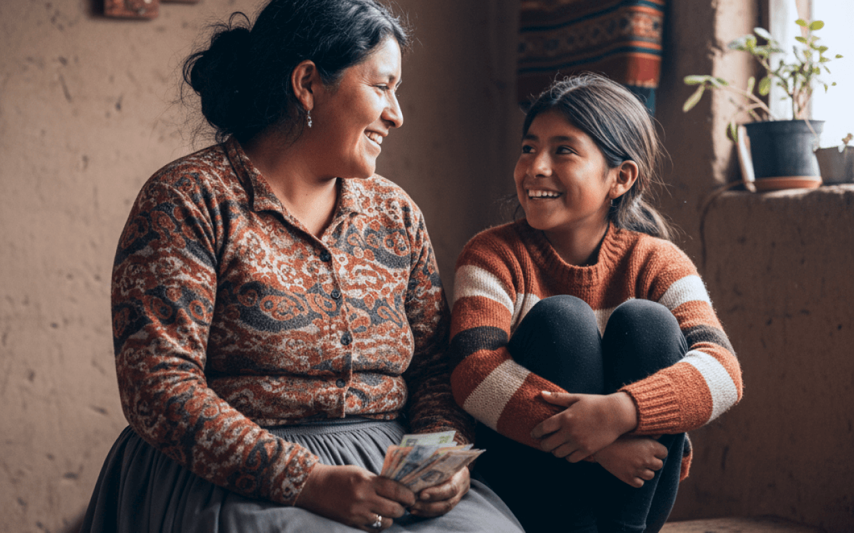 A woman holding money smiles at a young girl beside her. Cozy in warm sweaters, they sit indoors with sunlight streaming through a window and a potted plant on the sill—looking happy as they prepare to send money to Peru together.