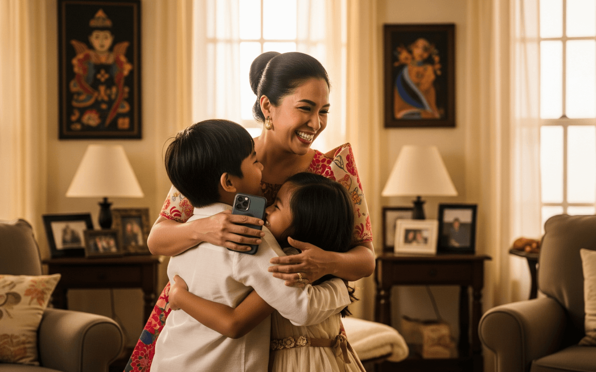 A smiling woman in traditional attire hugs two children in a warmly lit living room decorated with framed art and family photos. She holds a smartphone, ready to show them how to use Ria as the children embrace her happily.