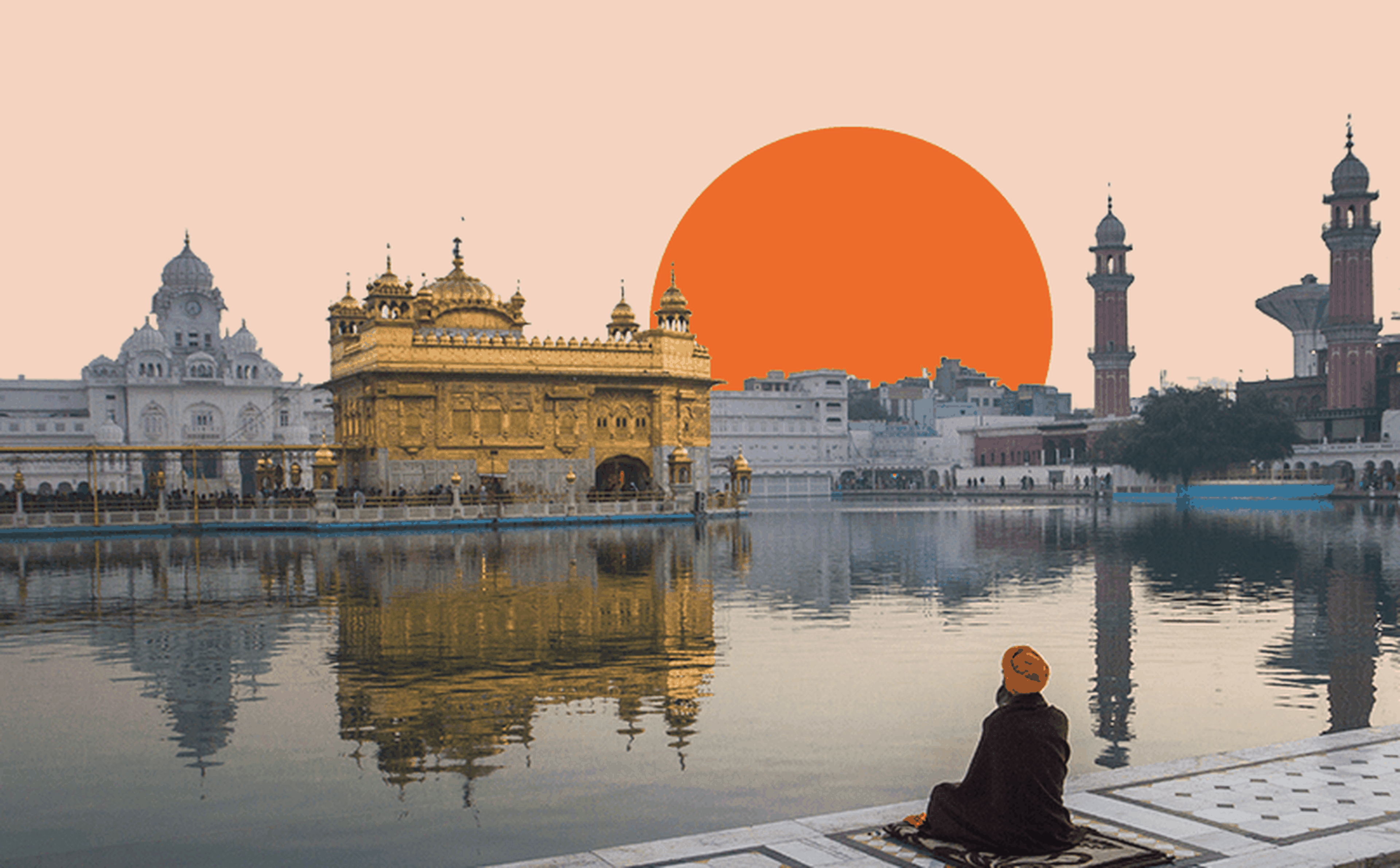 A person in an orange turban and dark attire sits by the reflective water of the Golden Temple in Amritsar at sunset. The sun is setting behind the temple, casting an orange glow across the sky, mirroring the stories of migration and remittances in India, and creating a serene and contemplative atmosphere.