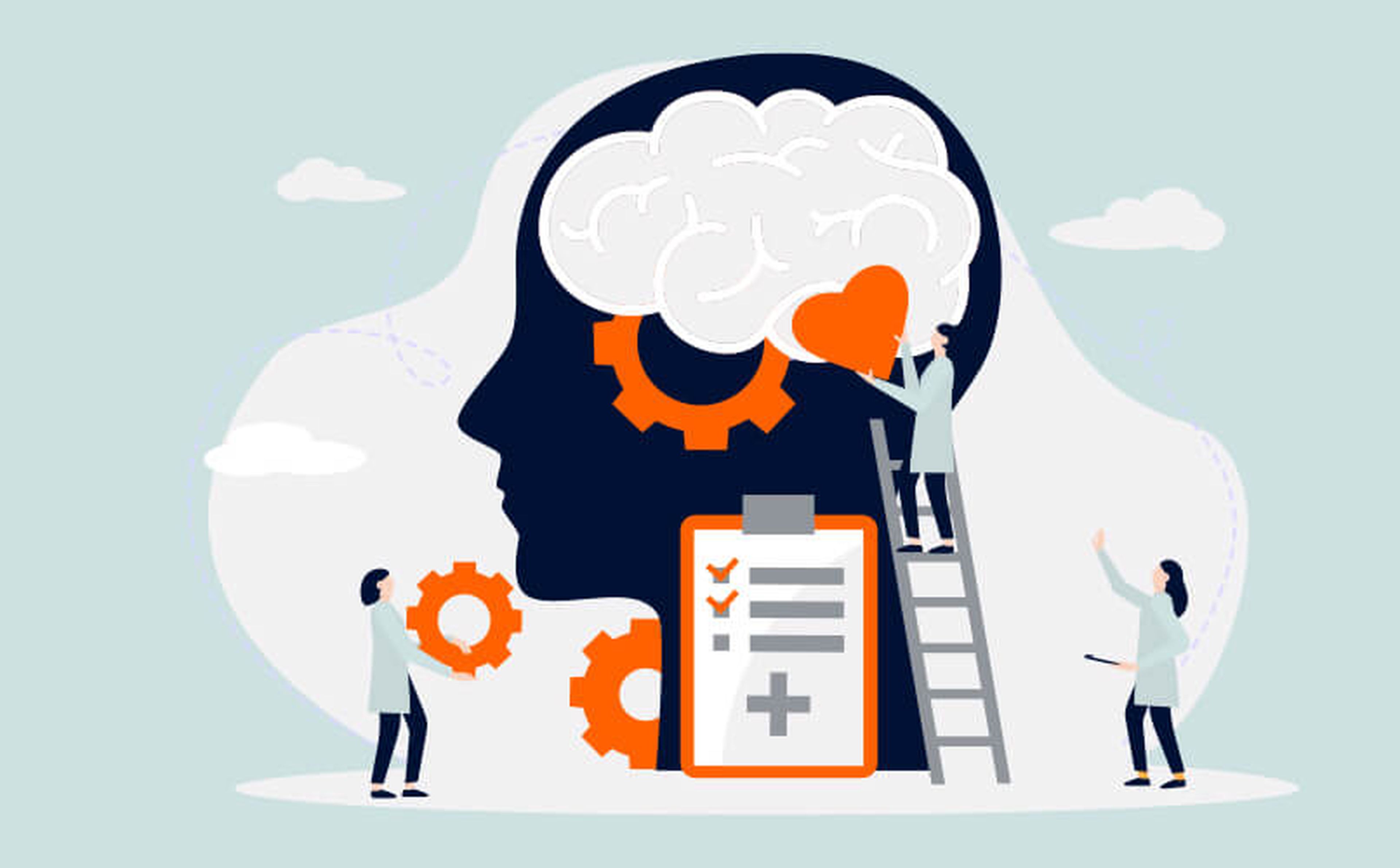 An illustration depicts a large human head in profile with a brain visible. Three tiny figures perform various tasks related to mental health: one climbs a ladder holding a heart, another holds gears, and a third gestures near a clipboard with a checklist.