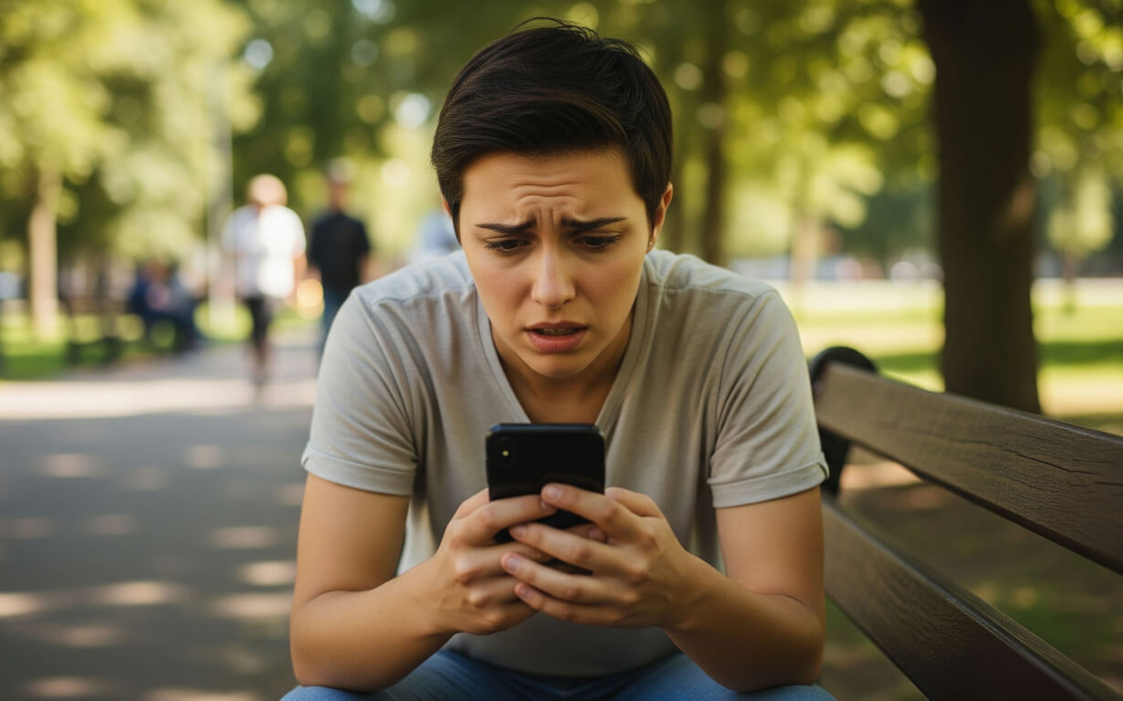 A person with short dark hair sits on a park bench, looking worried or distressed while staring at their smartphone after seeing a "transfer canceled" notification. Trees and people walking are visible in the blurred background.