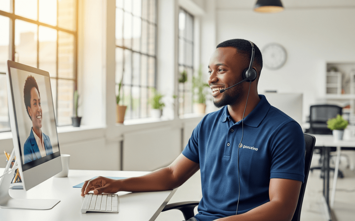 A man wearing a headset smiles while having a video call on a desktop computer in a bright, modern office with large windows and potted plants, discussing how to use Ria.