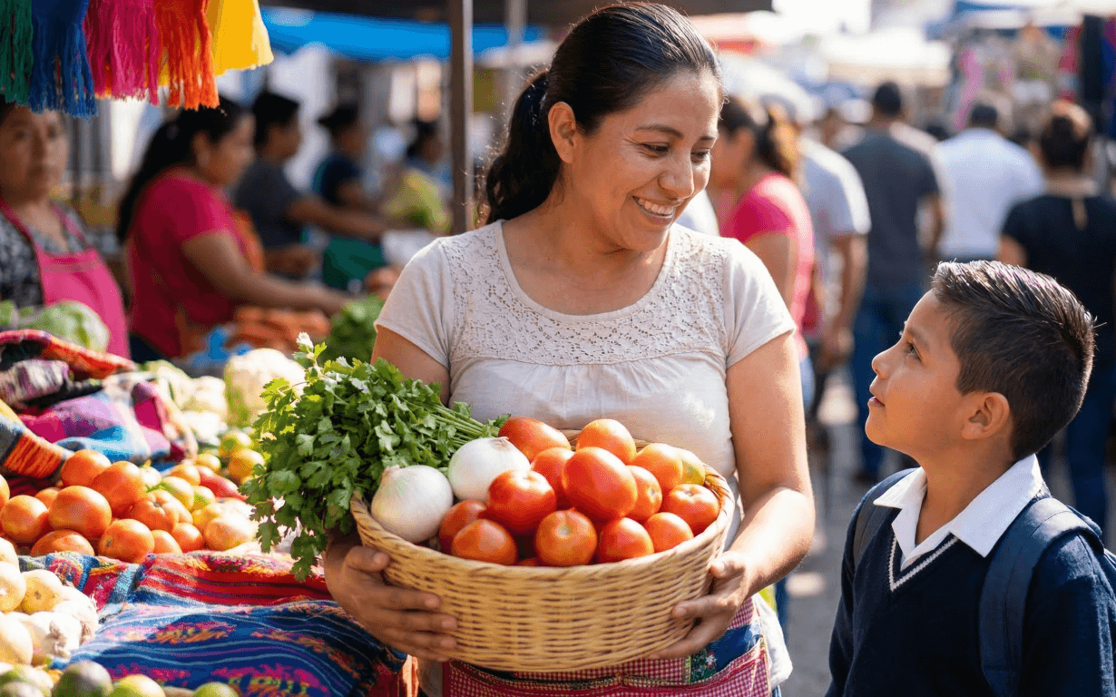 A woman holding a basket of fresh vegetables smiles at a young boy in a school uniform at an outdoor market, where colorful produce and bustling shoppers highlight the impact of remittances on local communities.