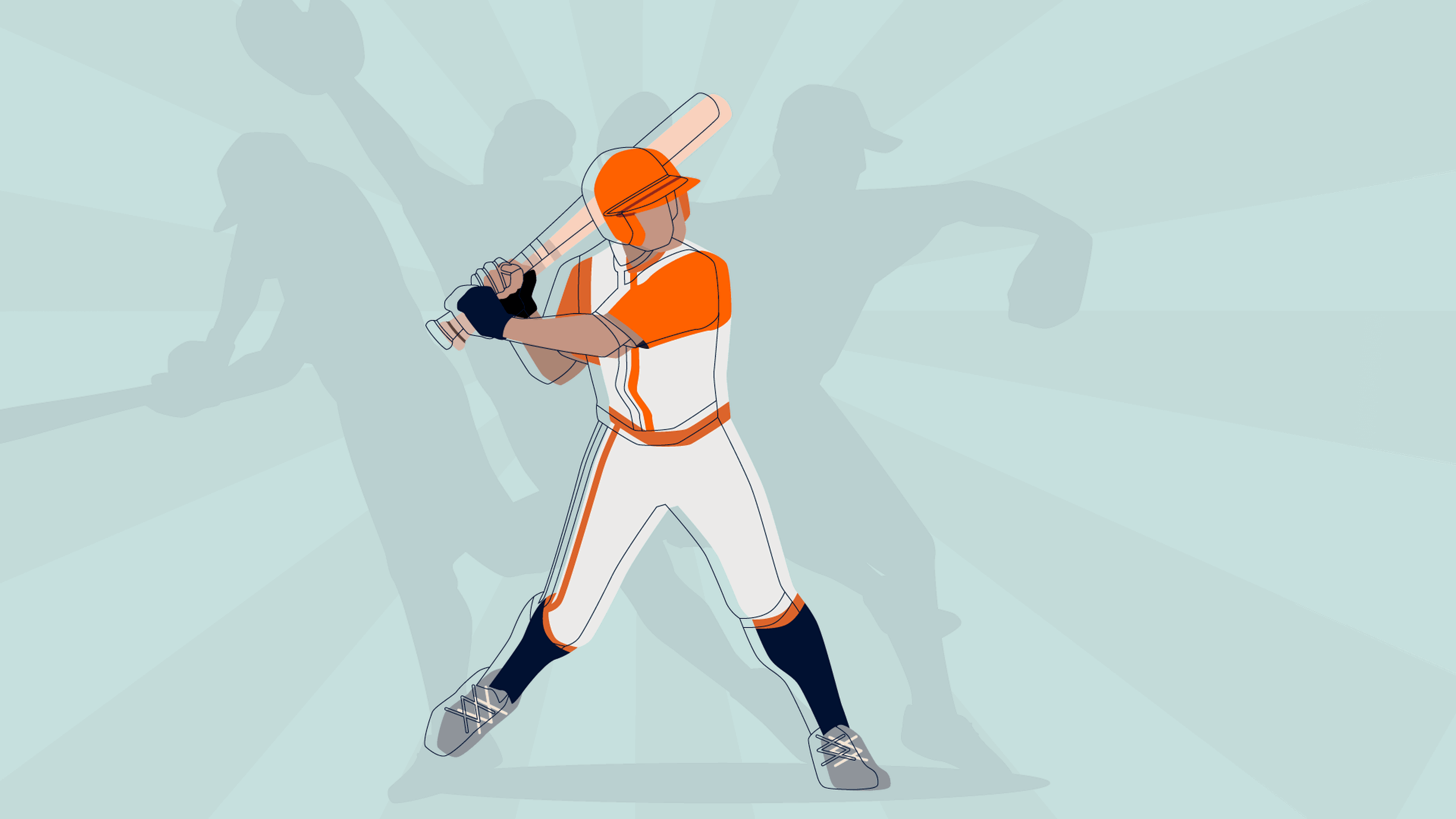 Illustration of a baseball player in an orange and white uniform, poised to swing—a nod to America's beloved pastime. Shadows of a pitcher and another batter linger in the background, evoking baseball's rich history. The light teal backdrop features radiating lines.