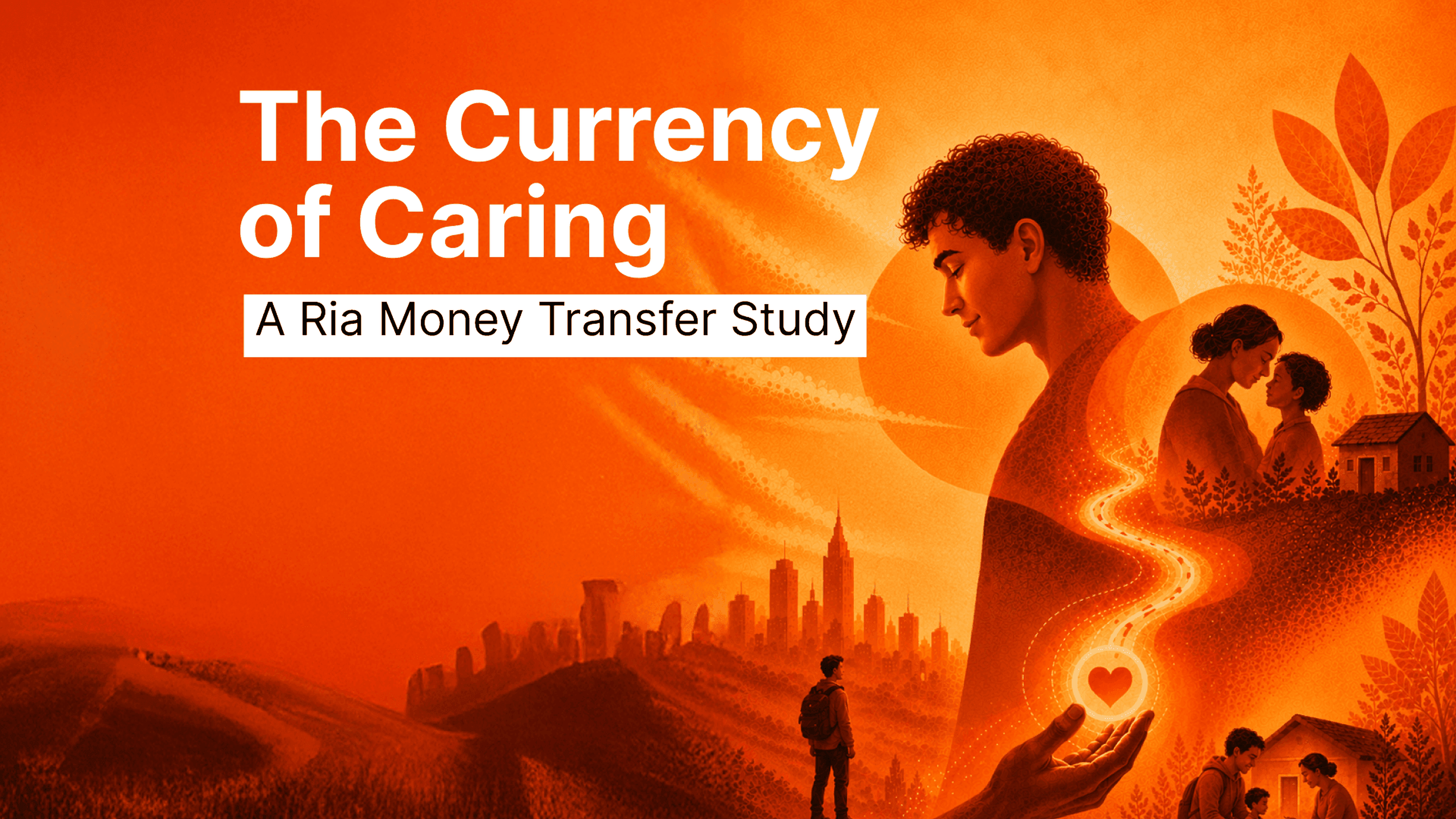 An orange-toned illustration shows a person holding a glowing heart, with smaller scenes of families, homes, and a city skyline—symbolizing how remittances connect and support loved ones. Text reads: "The Currency of Caring: A Ria Money Transfer Study.