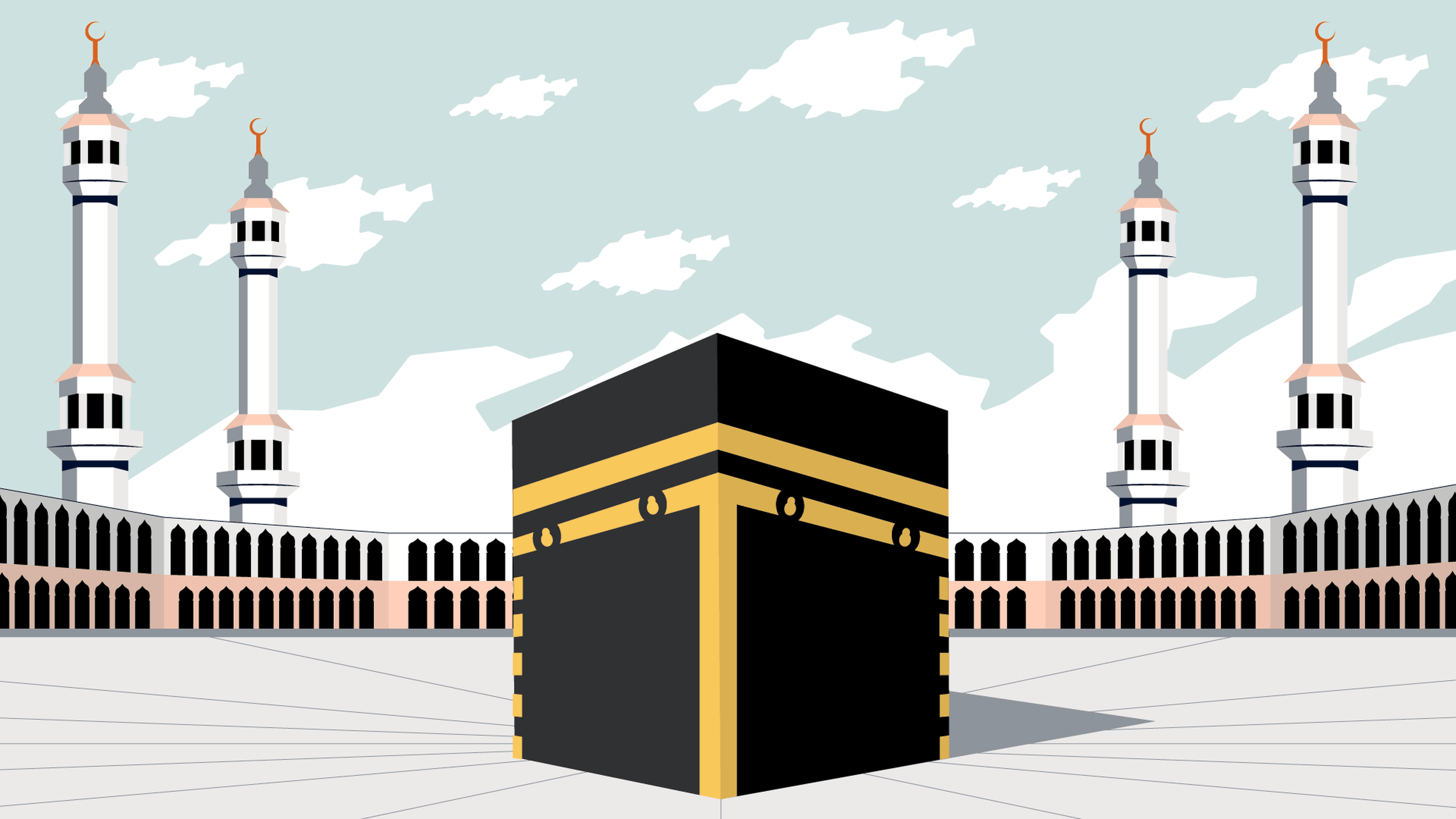 Illustration of the Kaaba in Mecca with four minarets and a clear sky with clouds in the background. The open courtyard surrounds the central black-and-gold cube-shaped structure.