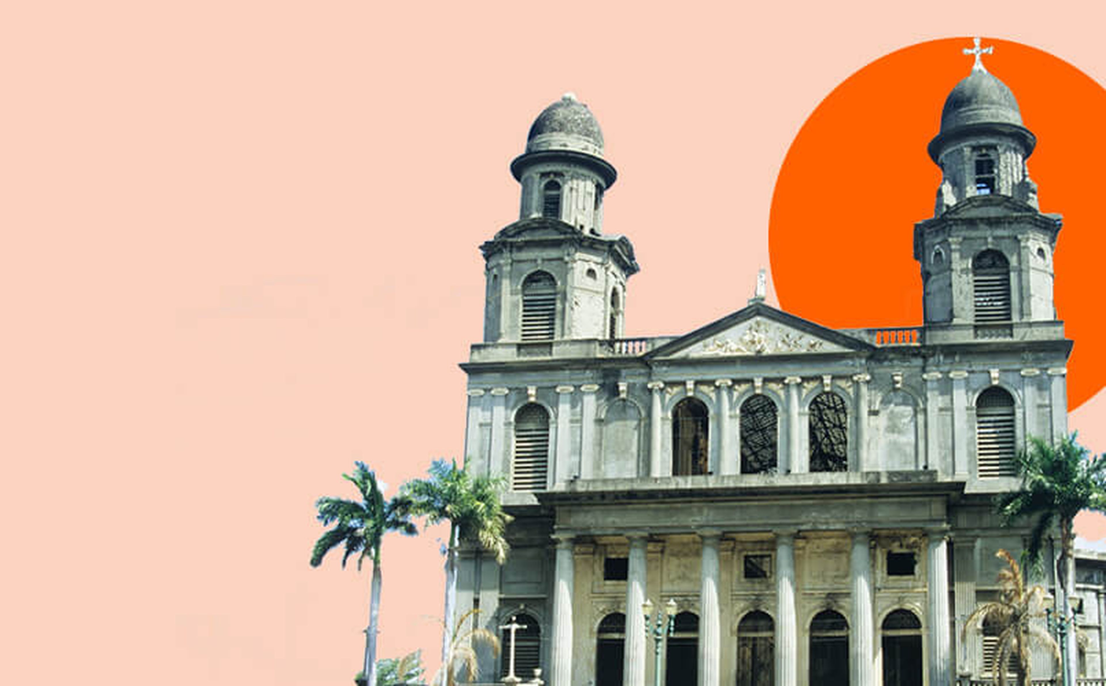 A historic cathedral featuring two prominent towers and columns at the entrance stands against a pink background. Palm trees flank the building, and an orange semi-circle in the sky creates a visually striking backdrop.
