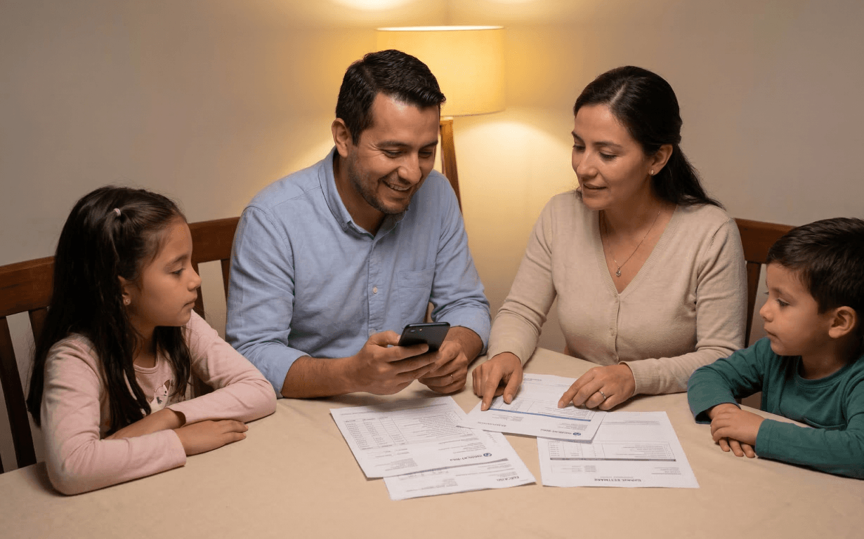 A family of four sits at a table with papers, bills, and remittances. The parents talk while the father uses a smartphone; their two young children sit on either side, watching. A lamp glows in the background.