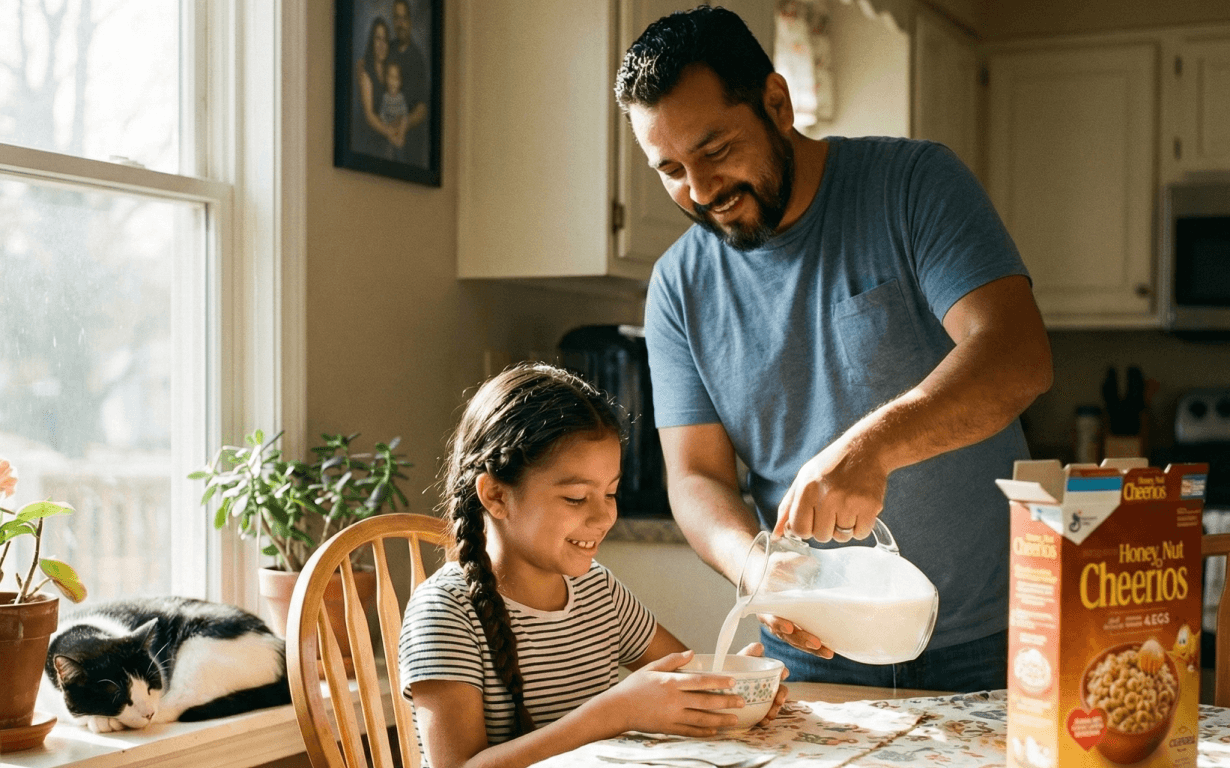 A man smiles as he pours milk into a young girl's cereal at a kitchen table. A box of Honey Nut Cheerios hints at what you can buy with $100, while a black and white cat lounges on the sunlit windowsill in the cozy kitchen.
