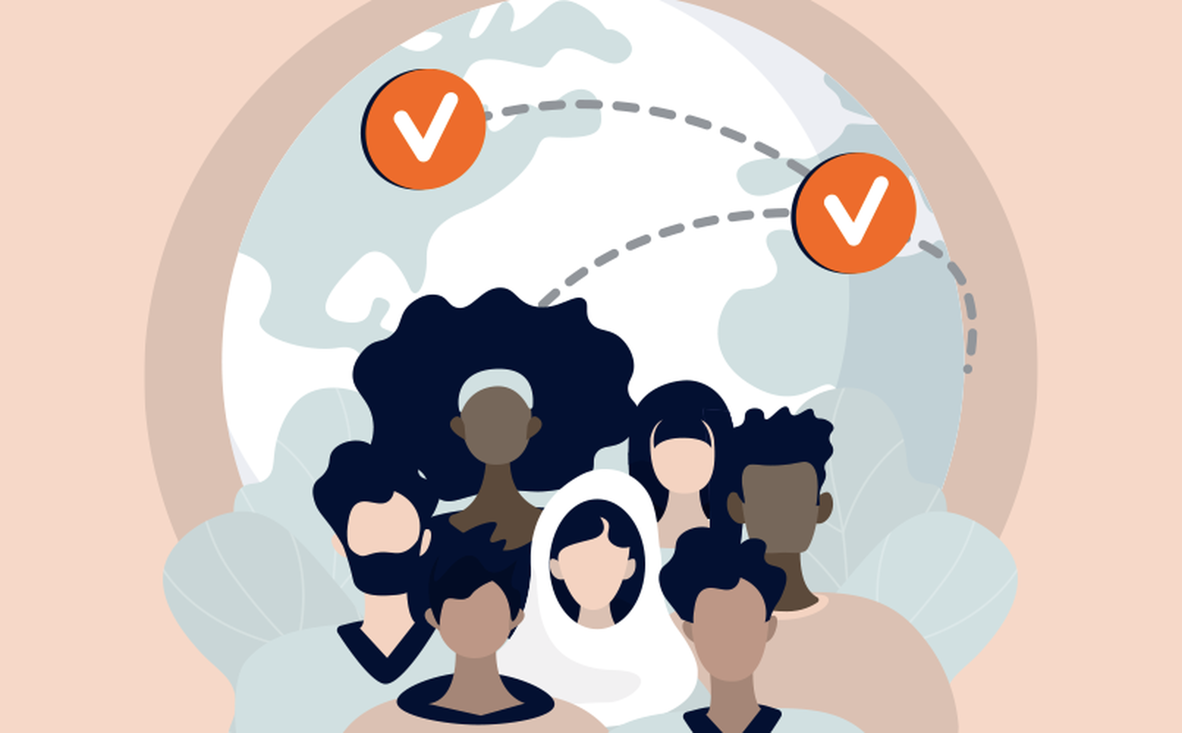 Illustration of a diverse group of people in front of a globe marked with checkmarks denoting progress or achievement. The background includes a map with dotted lines connecting the checkmarks. The overall theme suggests global connectivity and collaboration.