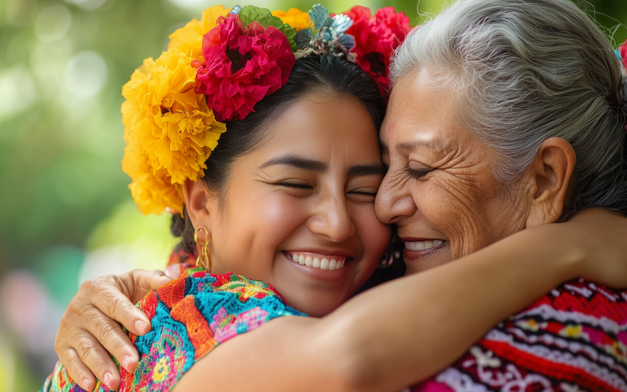 Two women, perhaps celebrating Mother's Day, embrace and smile outdoors in colorful traditional clothing and floral headpieces. The background is blurred, suggesting a sunny day. One is younger with vibrant flowers, the other older with gray hair and a gentle smile.