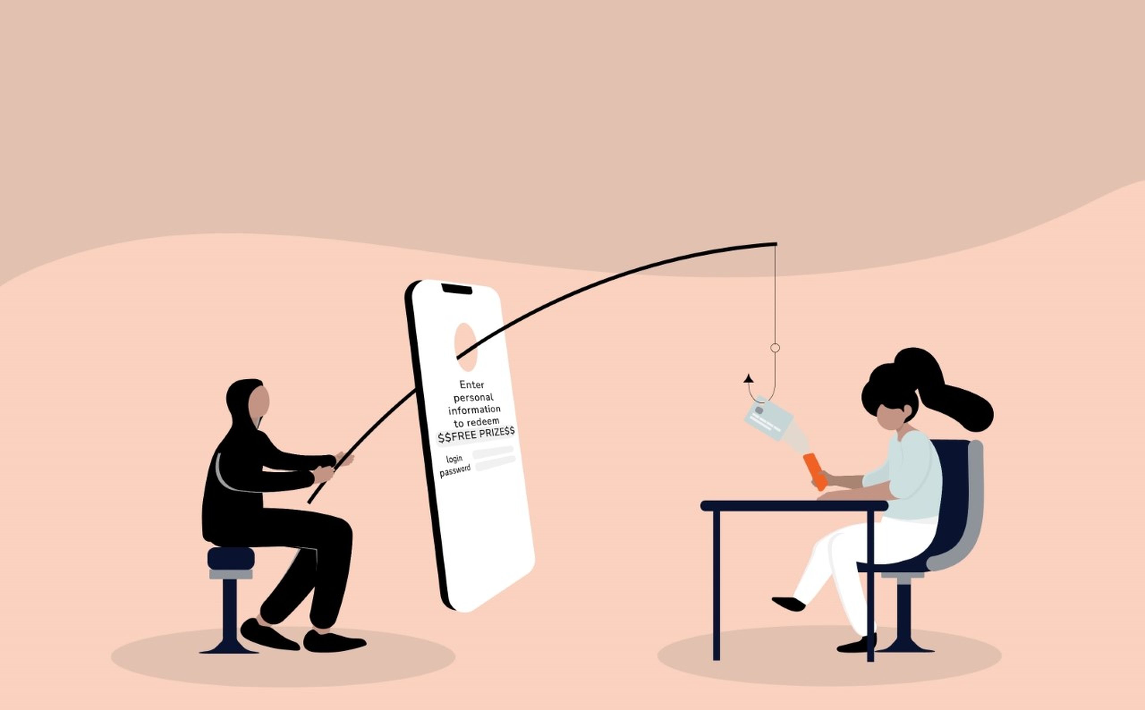 An illustration depicts a phishing attack. A person in black, with a hood and no visible face, uses a fishing rod to dangle a hook holding a message in front of a person at a desk. The message displayed on a smartphone reads, "Enter personal information to access your account.