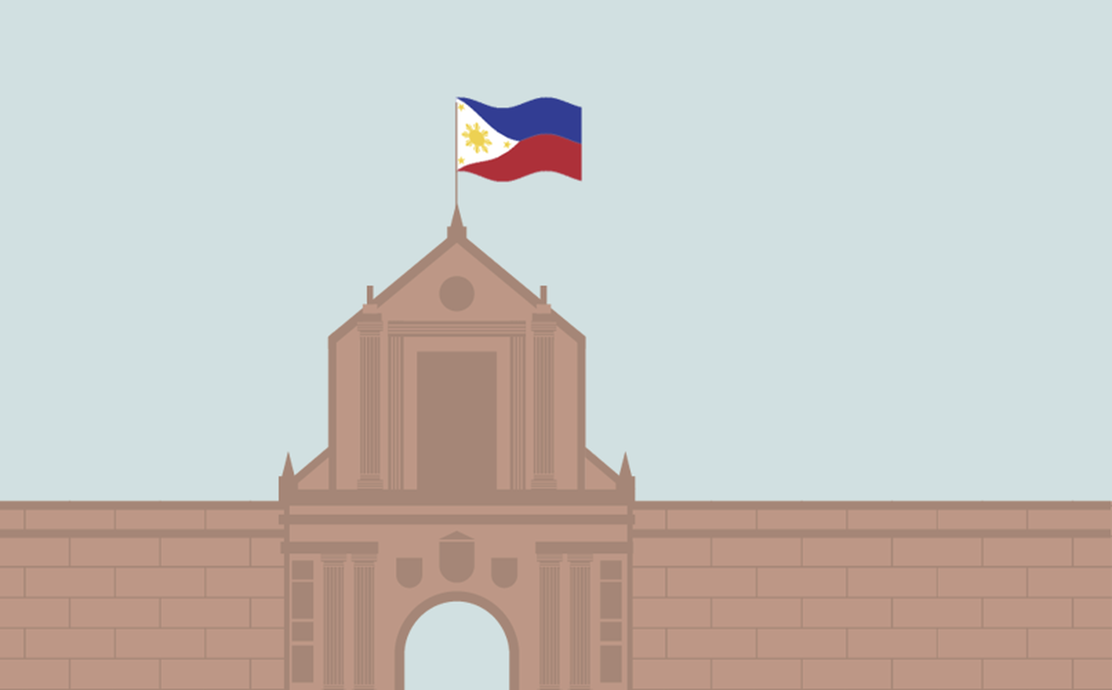 Illustration of a historical building with a prominent archway, topped by the flag of the Philippines. The structure is depicted in a flat, minimalist style with earth-toned walls and a light blue background, subtly reflecting themes of migration and remittances in the Philippines.