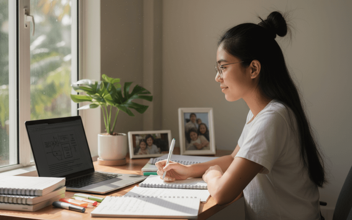 A young woman with glasses writes in a notebook at her desk, open laptop and books nearby. Sunlight streams through the window, highlighting framed family photos and a potted plant as she learns how to send money from the US to loved ones.