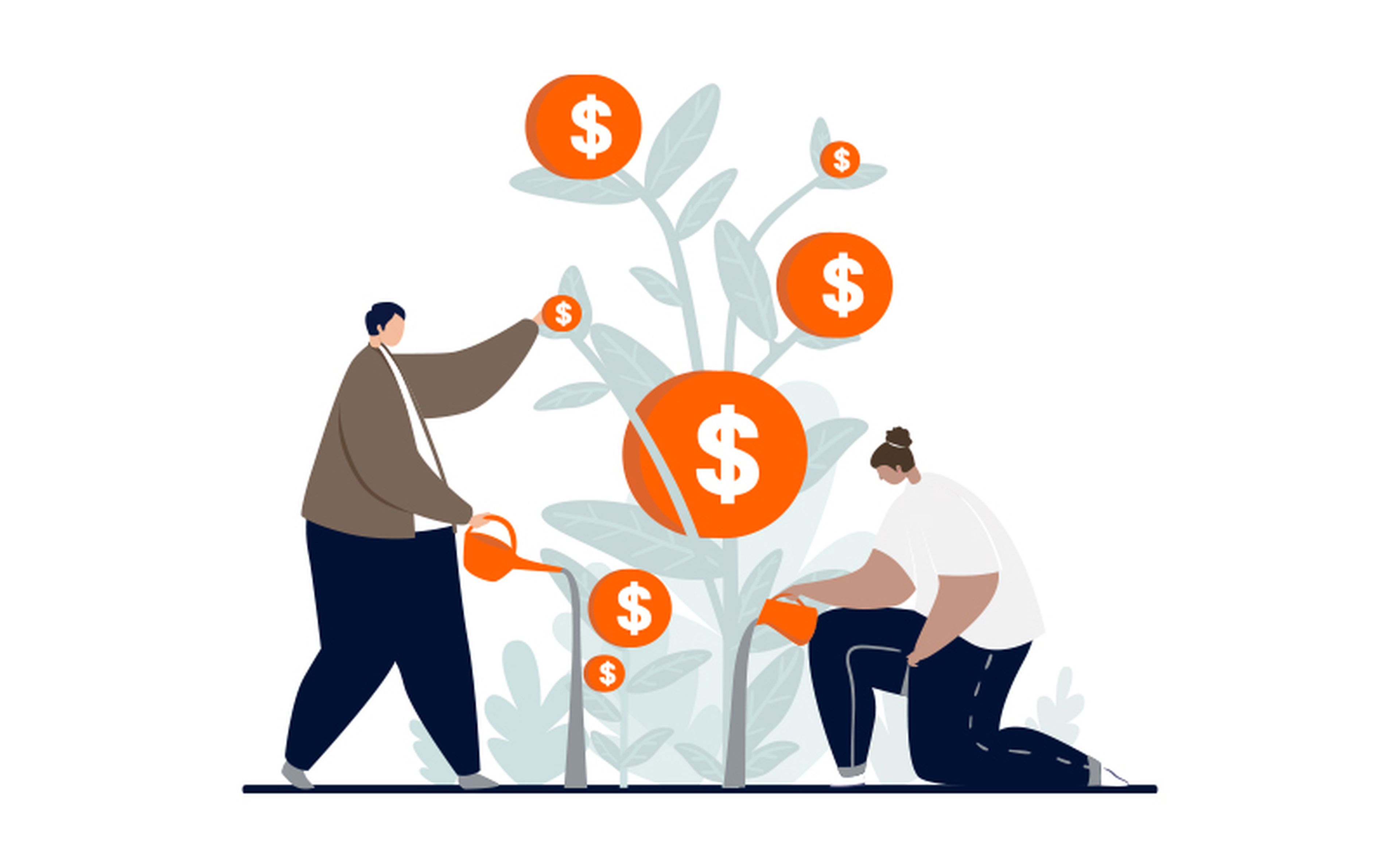 Illustration of two individuals nurturing a plant with large leaves and orange dollar signs. One person is standing and watering the plant, while the other is kneeling, also watering the plant. The dollar signs represent growth and investment.