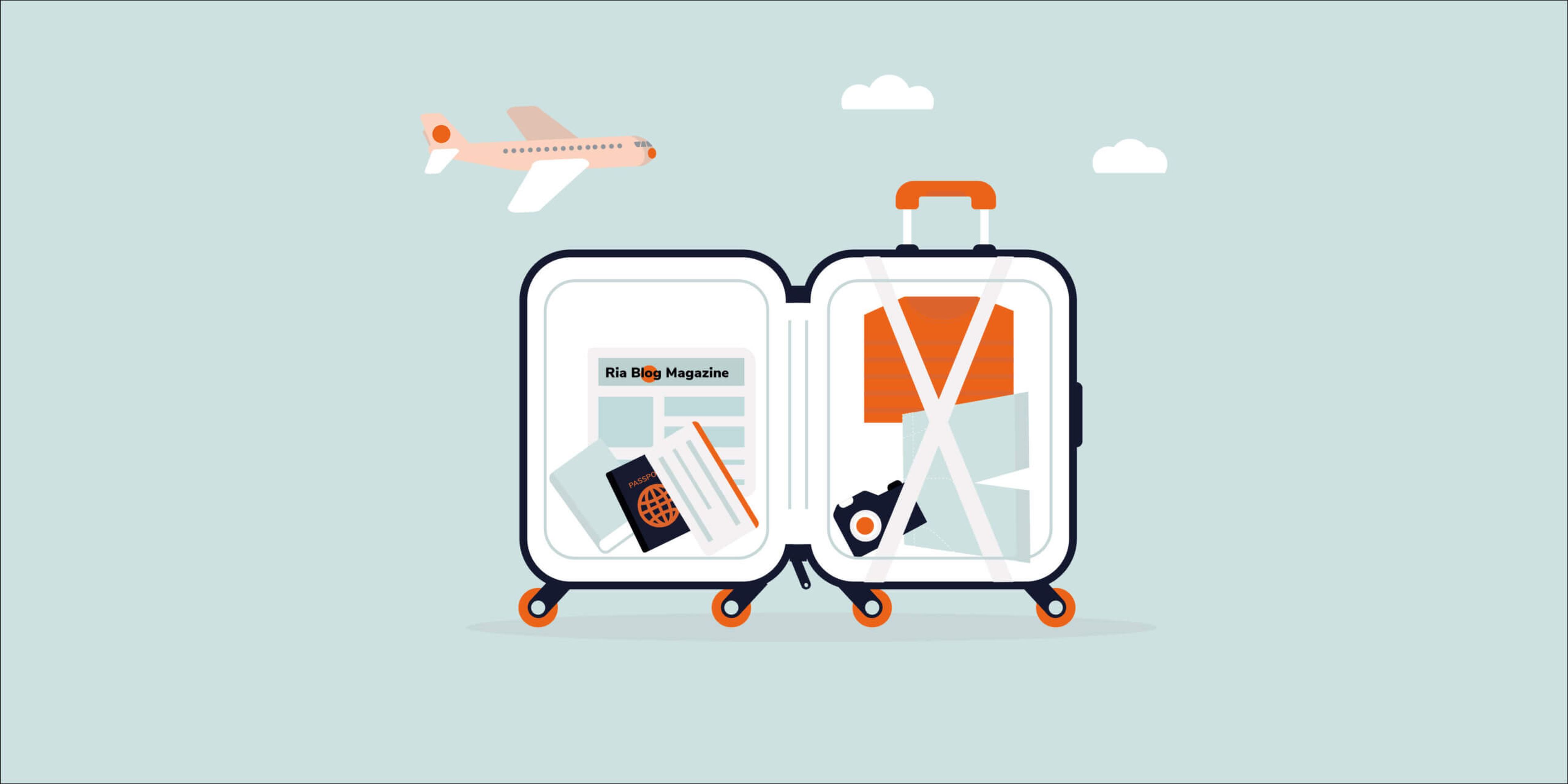 Illustration of a suitcase opened to reveal its contents, including a "FlatB&B Magazine" featuring tips to budget, various documents, and a pinwheel. An airplane flies in the background with a couple of clouds in the sky. The suitcase is on wheels and has an orange handle.