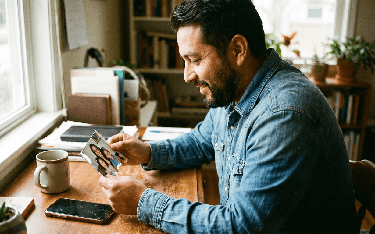 A man in a denim shirt sits at a wooden desk by a window, smiling as he looks at a photograph. His money sending routine includes checking his smartphone on the desk, surrounded by books, houseplants, and shelves in the background.