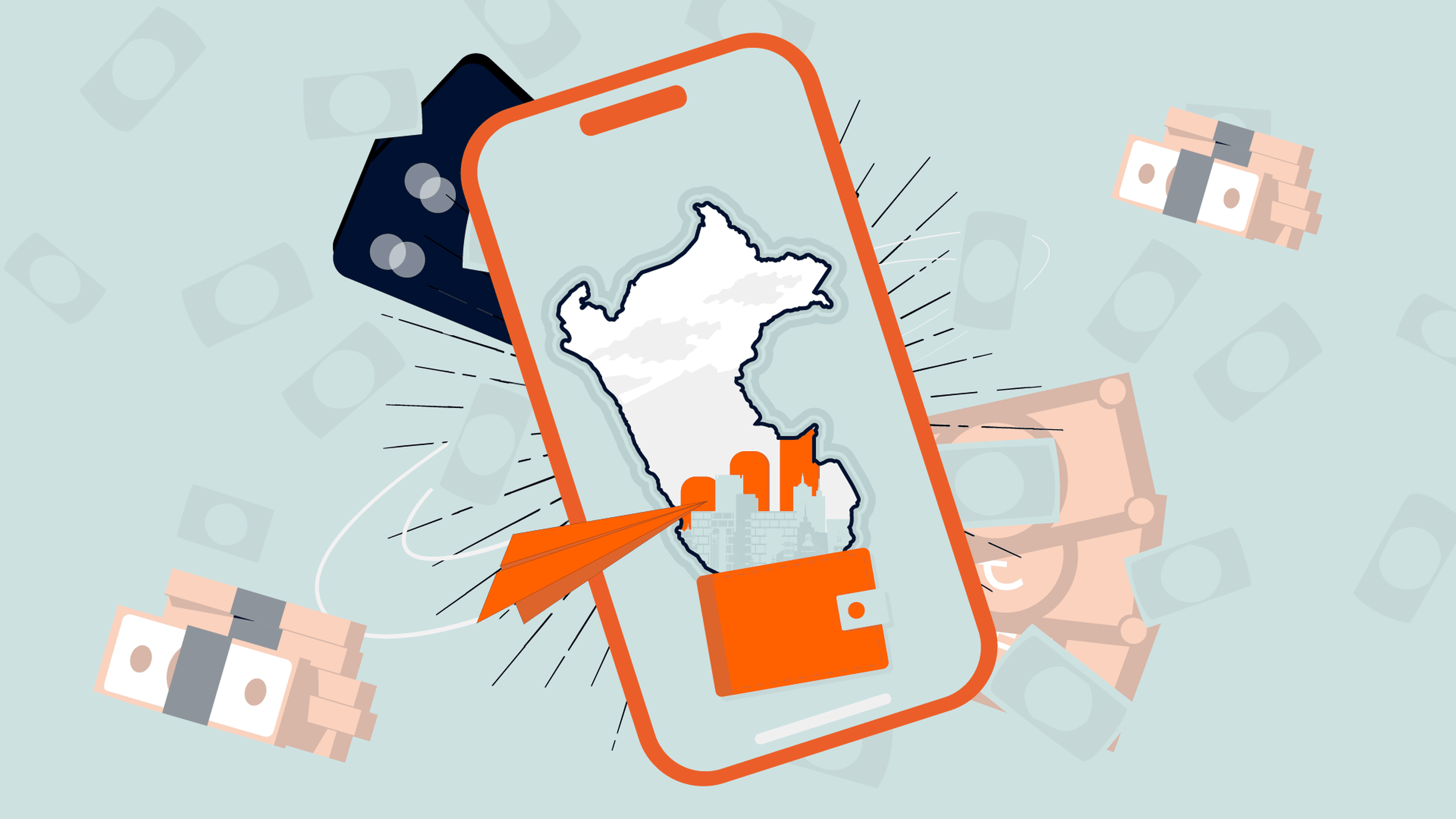 Illustration of a smartphone displaying a map, a wallet, and an orange paper airplane, surrounded by credit cards, money bills, and bundles of cash, representing digital money transfer.