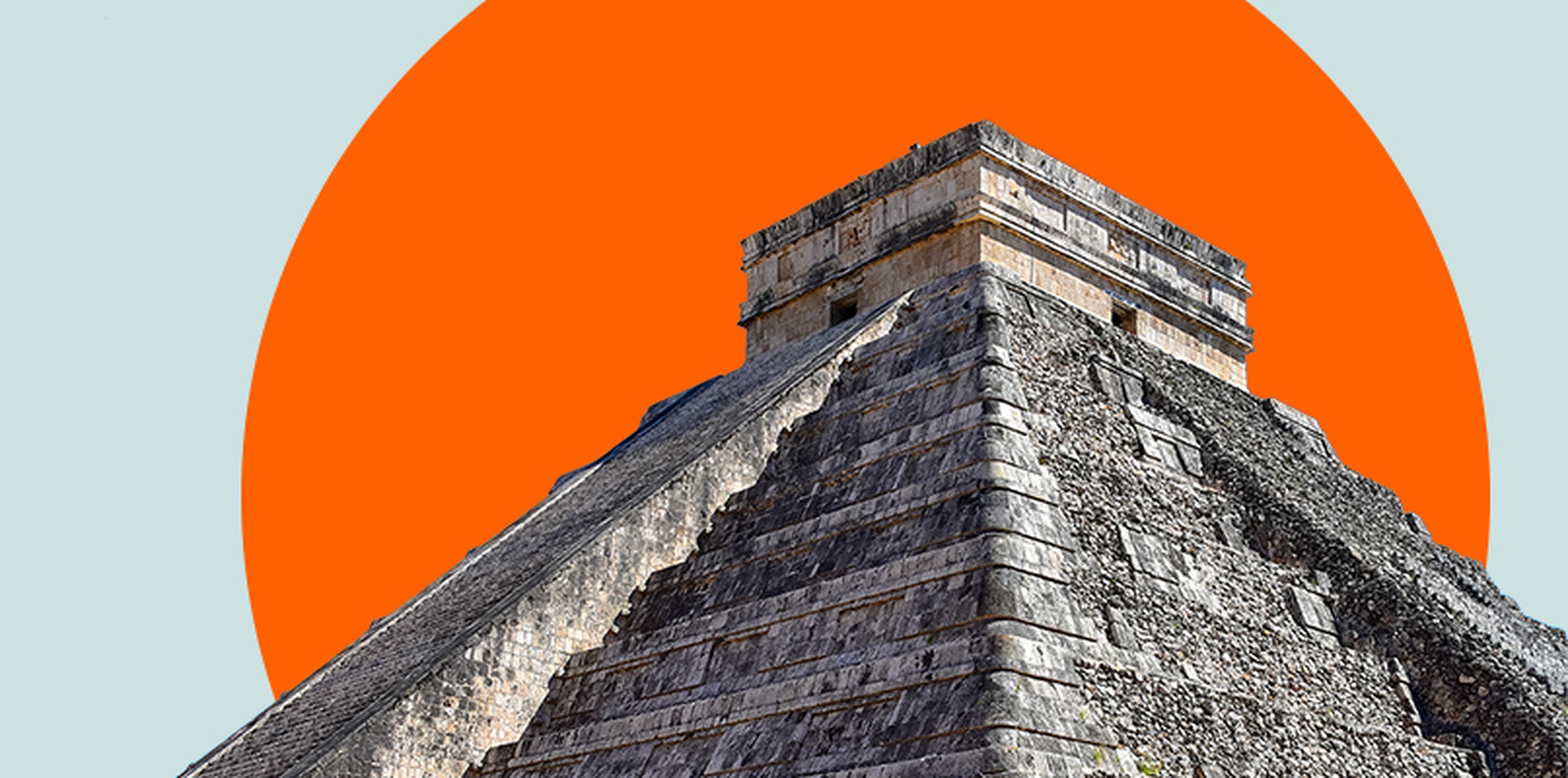 Image of the pyramid of Chichen Itza in Mexico, showcasing its ancient stone architecture. The pyramid stands prominently against a backdrop featuring a bold, orange circle, giving a modern and striking visual contrast to the historic structure.