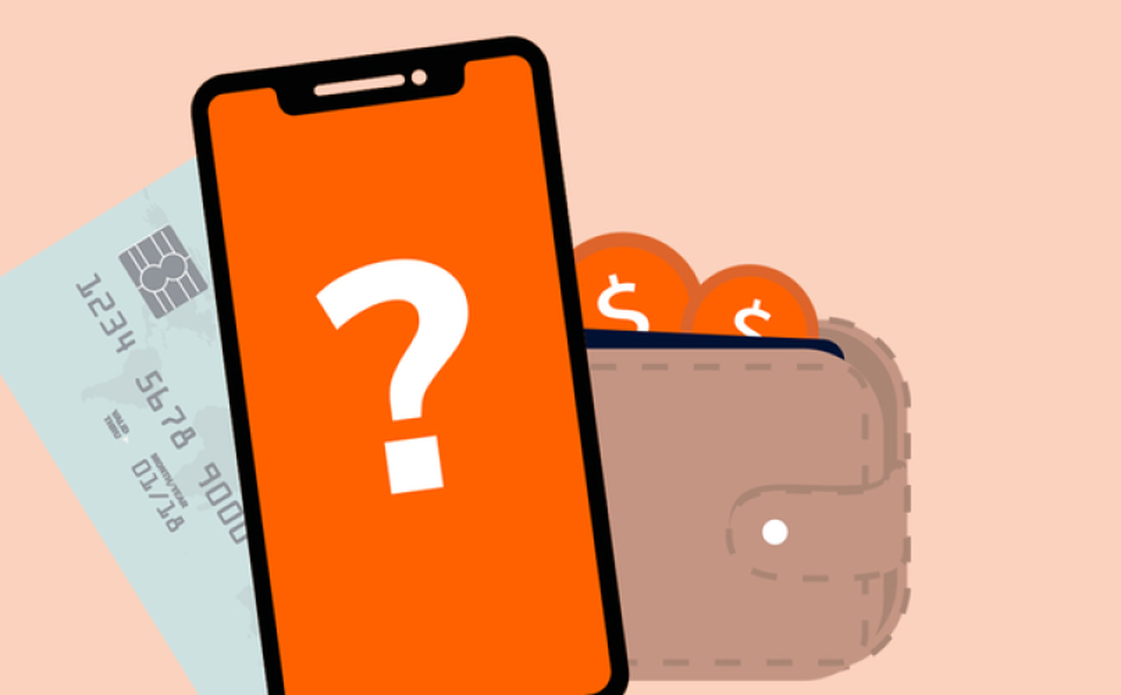 A digital illustration shows a smartphone with a question mark, a credit card, and a brown wallet with two coins. The background is a light pastel peach color. The image suggests topics related to finance, money management, or digital payments.