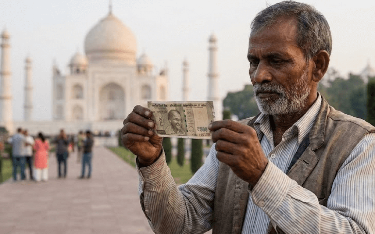 An older man holds up Indian currency—a 500-rupee note—in front of the Taj Mahal, aligning the note’s image with the real monument as people walk and gather in the background.