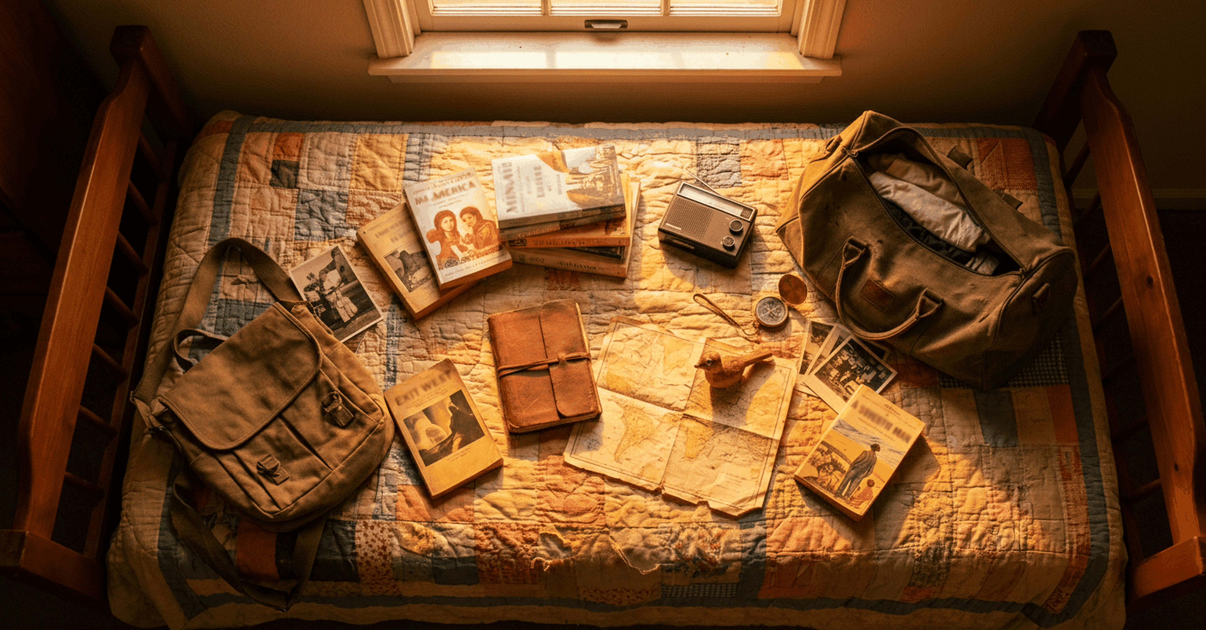 A quilt-covered bed displays vintage travel items: old books, maps, a journal, a compass, a camera, postcards, and two canvas bags, all bathed in warm sunlight from a window above.