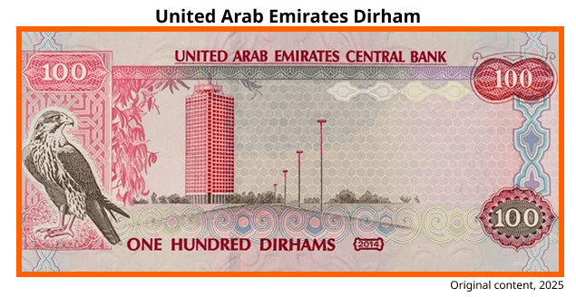 A 100 UAE dirham currency note featuring a falcon on the left, a tall red building in the center, and ornate patterns along the edges, with "United Arab Emirates Central Bank" written at the top.
