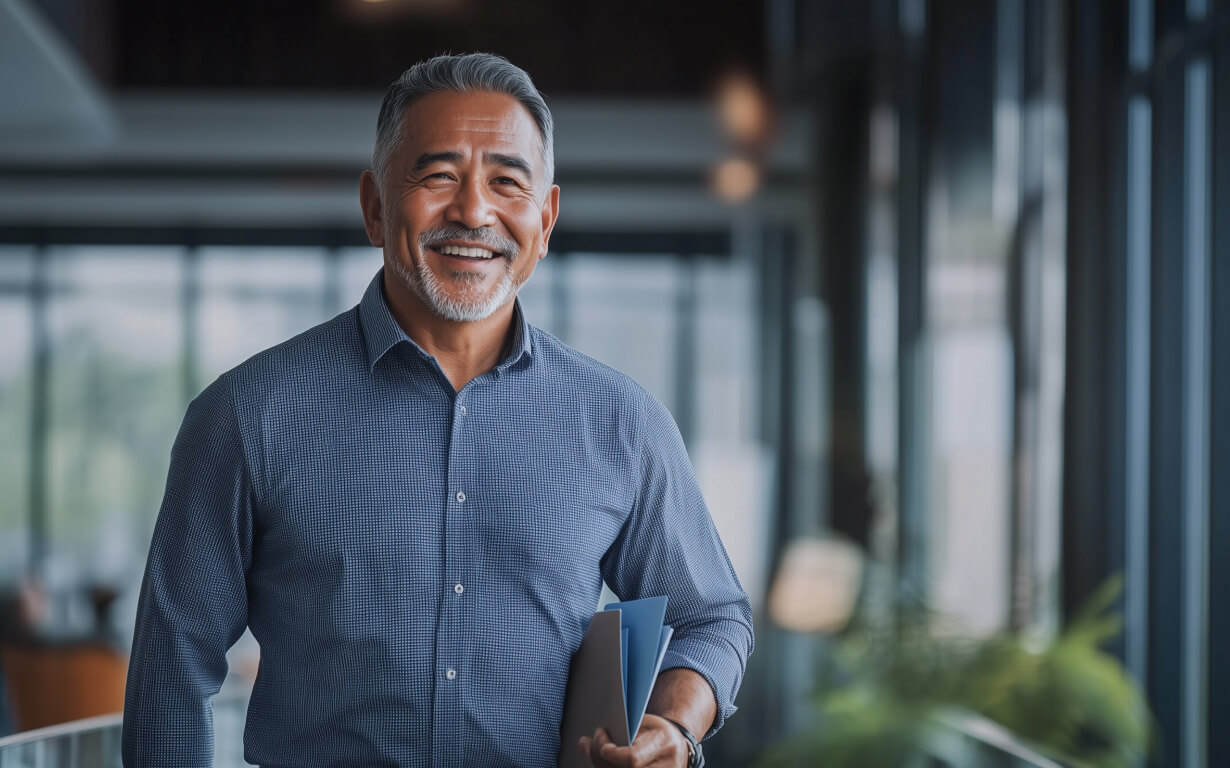 A smiling man with gray hair and a beard walks through a modern office space with large windows, embodying the professionalism required to navigate international money transfer limits in the US. He wears a blue button-up shirt and carries a laptop and notebook, all set for his busy day.